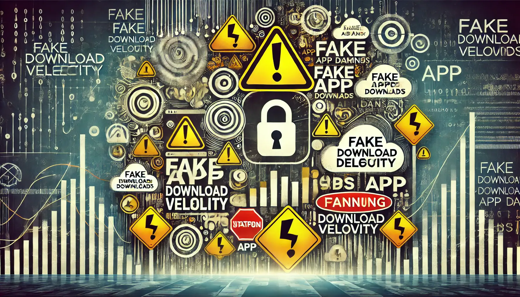 Abstract visualization of the risks of faking download velocity, featuring suspicious activity and disrupted app data flow, with warning symbols indicating manipulation.