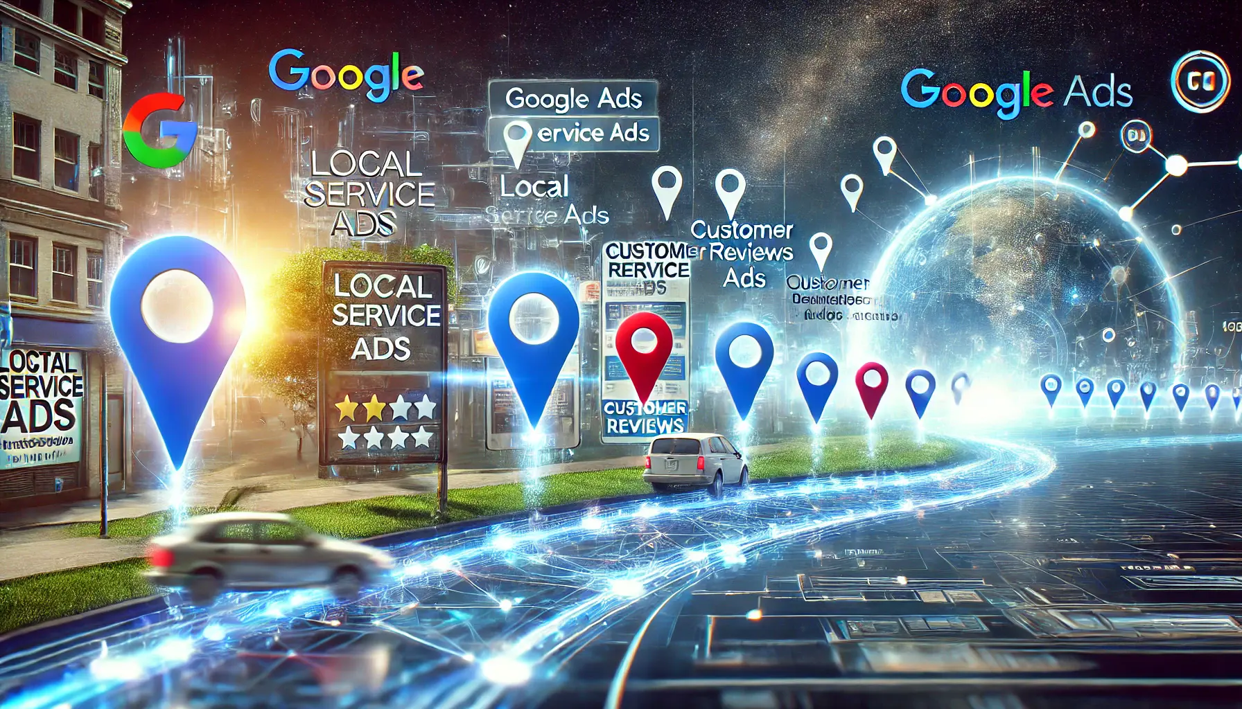 A timeline concept showing the progression from traditional advertising like billboards to modern digital methods such as location-based ads and customer reviews, representing the evolution of Google Ads' Local Service Ads.