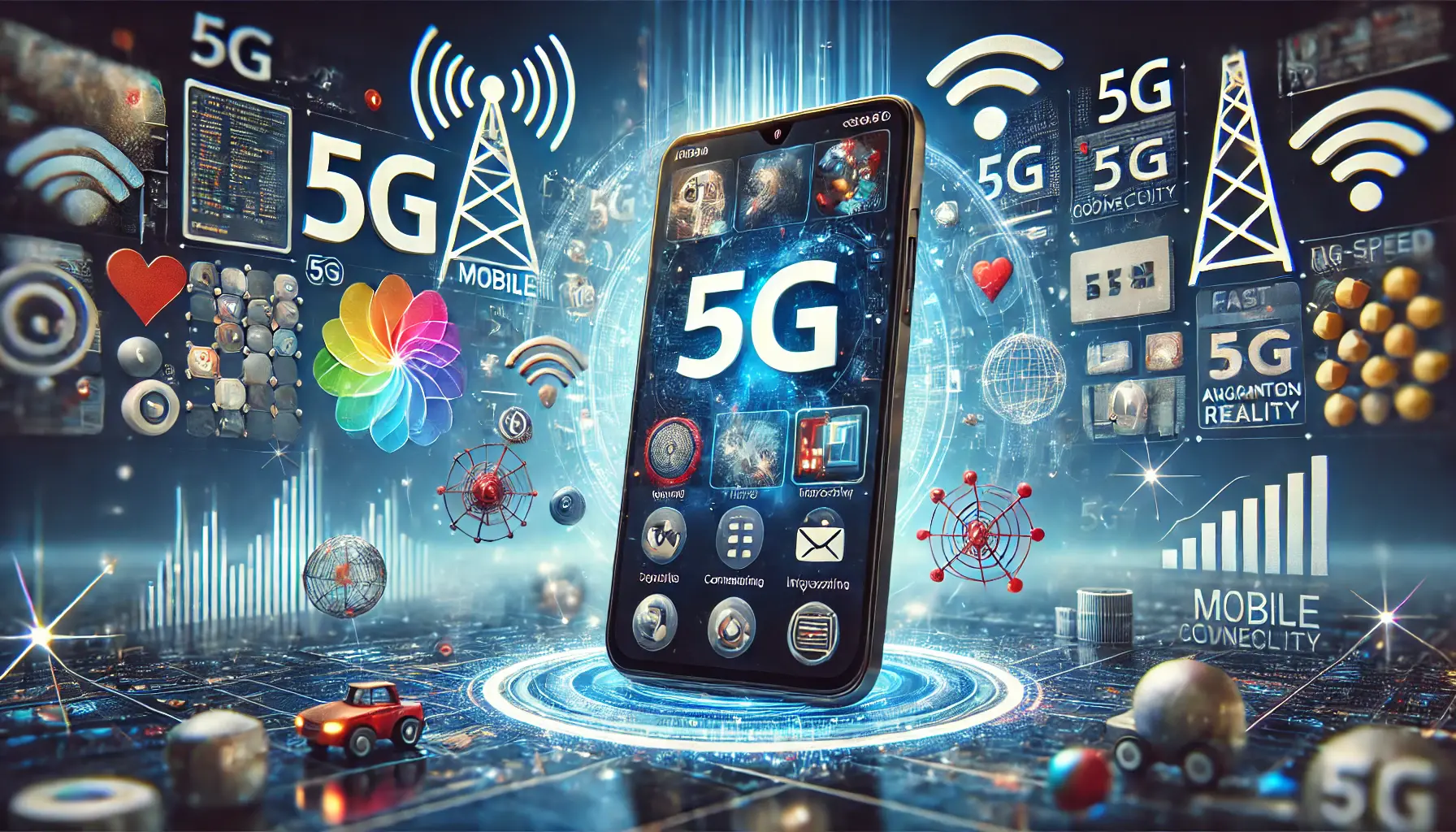 A smartphone displaying high-speed mobile ads with streaming video and interactive elements, surrounded by 5G technology symbols like signal waves and fast connectivity