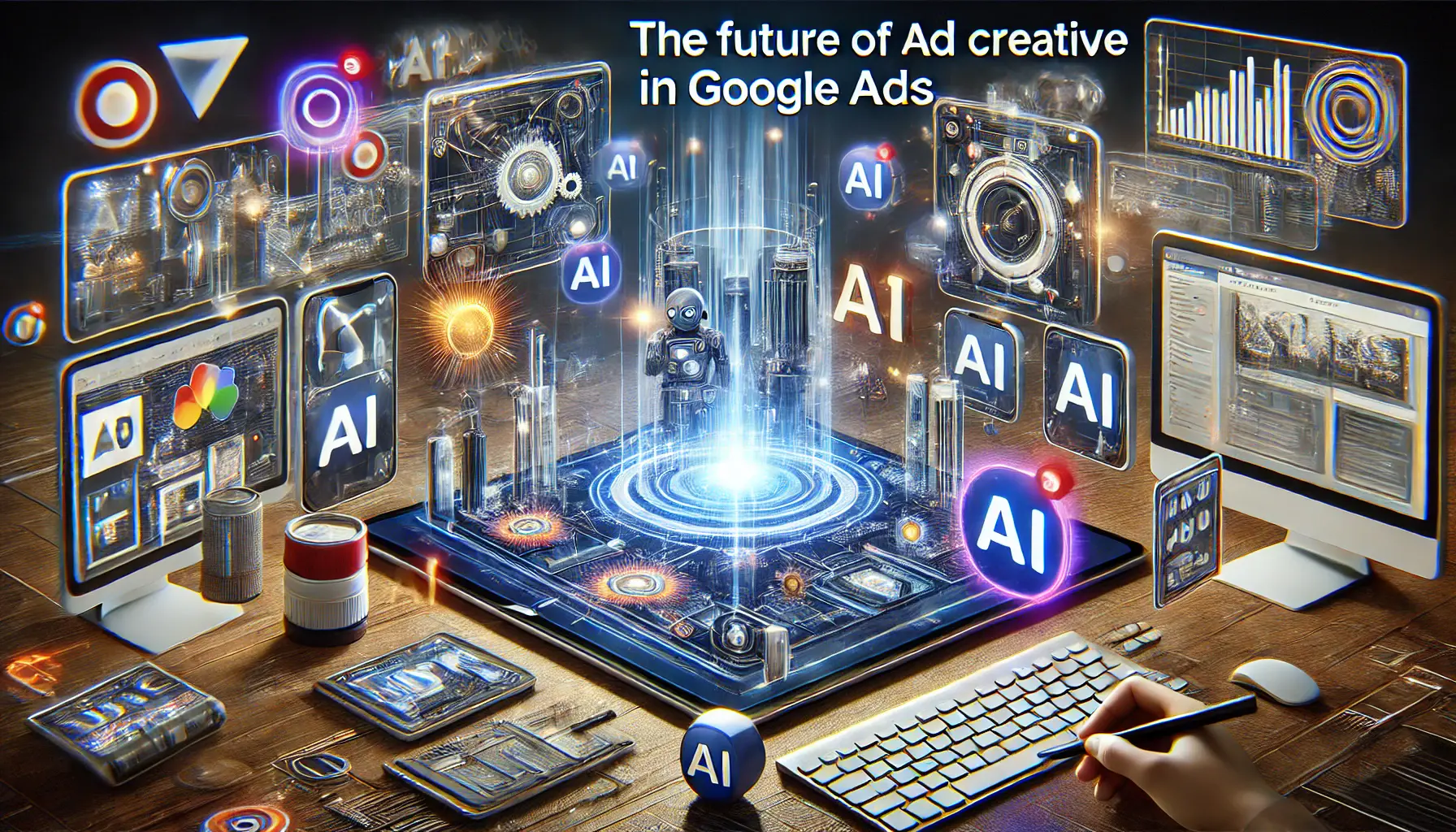 A futuristic digital marketing workspace with AI-driven tools for creating personalized ad creatives, showing dynamic ad designs and real-time data analysis across multiple devices like smartphones, tablets, and desktops.