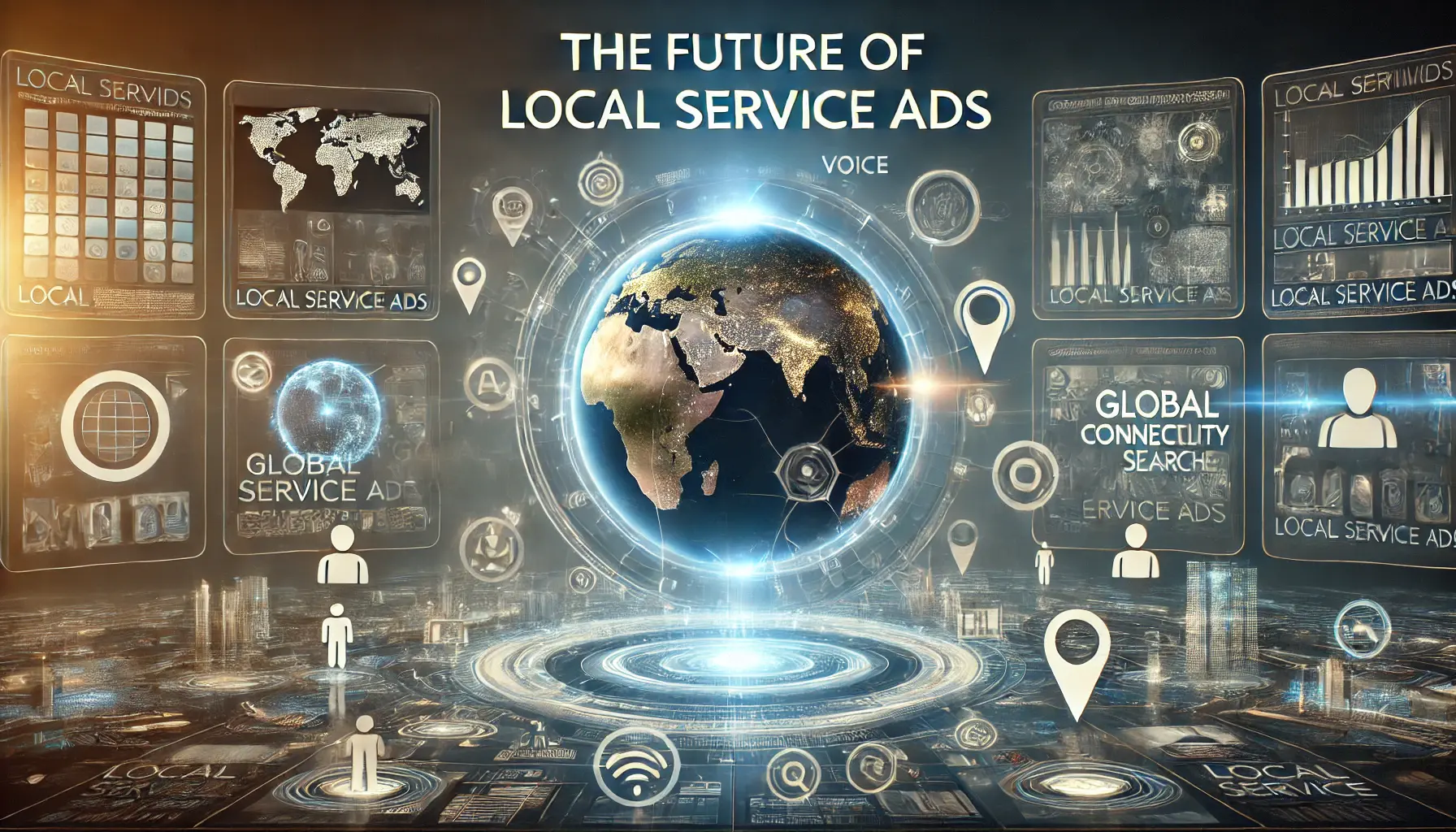 An image depicting a futuristic digital environment with AI integration, voice search, smart devices, and global connectivity, symbolizing the future of Local Service Ads.