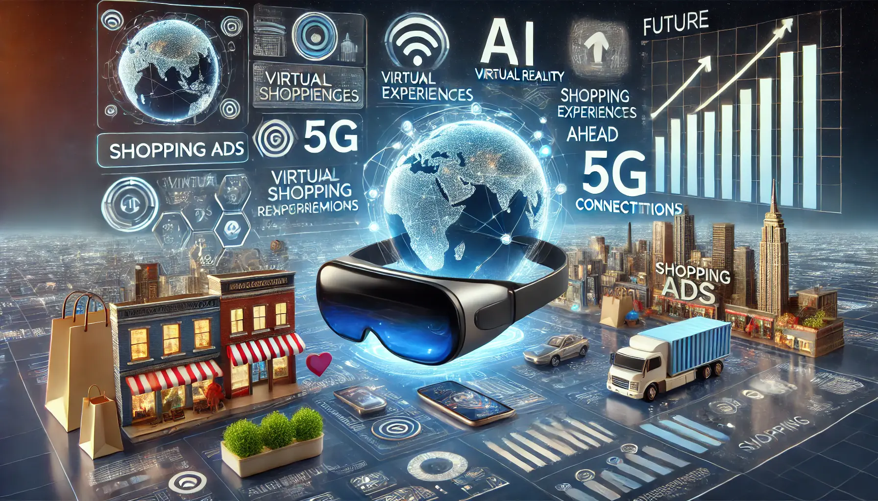 An image showing advanced technologies like AI, virtual reality, and 5G integrated into digital product ads on futuristic devices like AR glasses and smartphones, representing future opportunities for Shopping Ads.