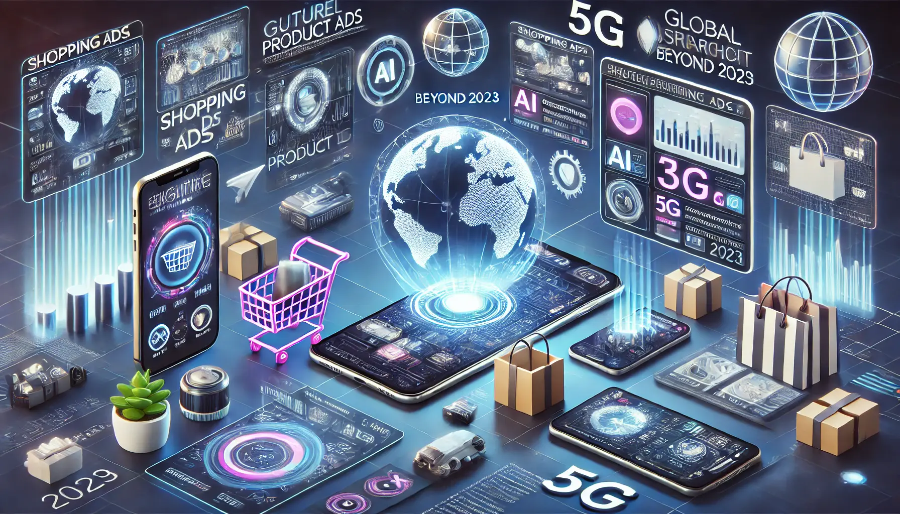 An image showing futuristic Shopping Ads with advanced technologies like AI, augmented reality, and 5G, symbolizing the evolving landscape of digital advertising beyond 2023.