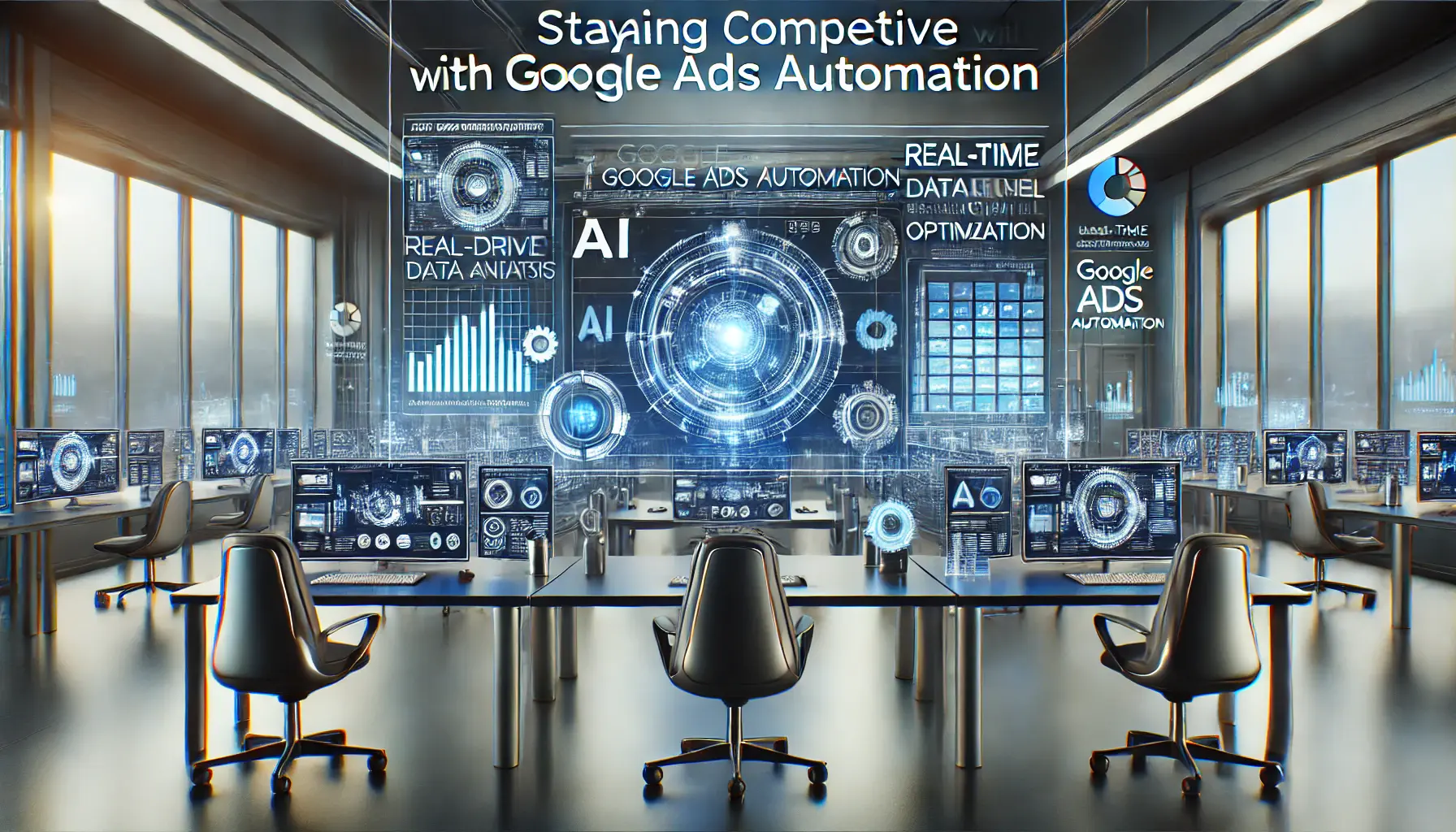 A futuristic workspace with advanced tools and real-time data analytics optimizing ad campaigns, showcasing how automation keeps businesses competitive.