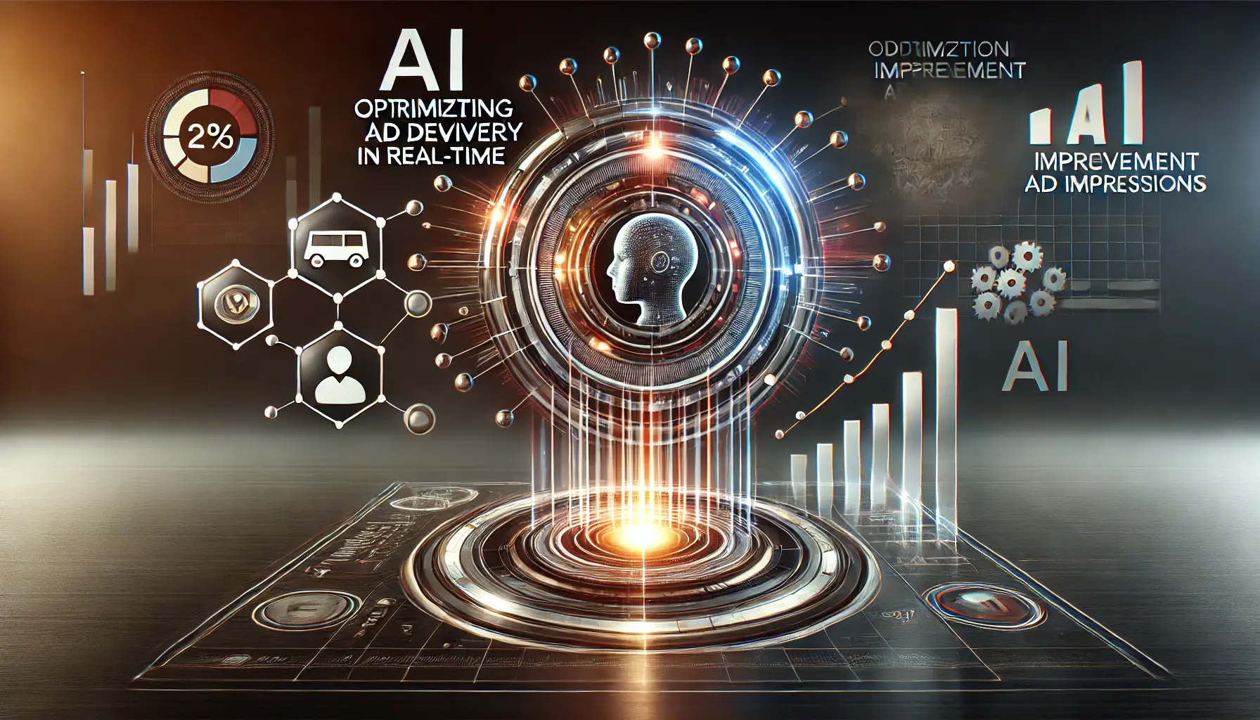 Visualization of AI's impact on ad impressions, featuring an AI interface, connected data points, and graphs showing improved ad delivery.