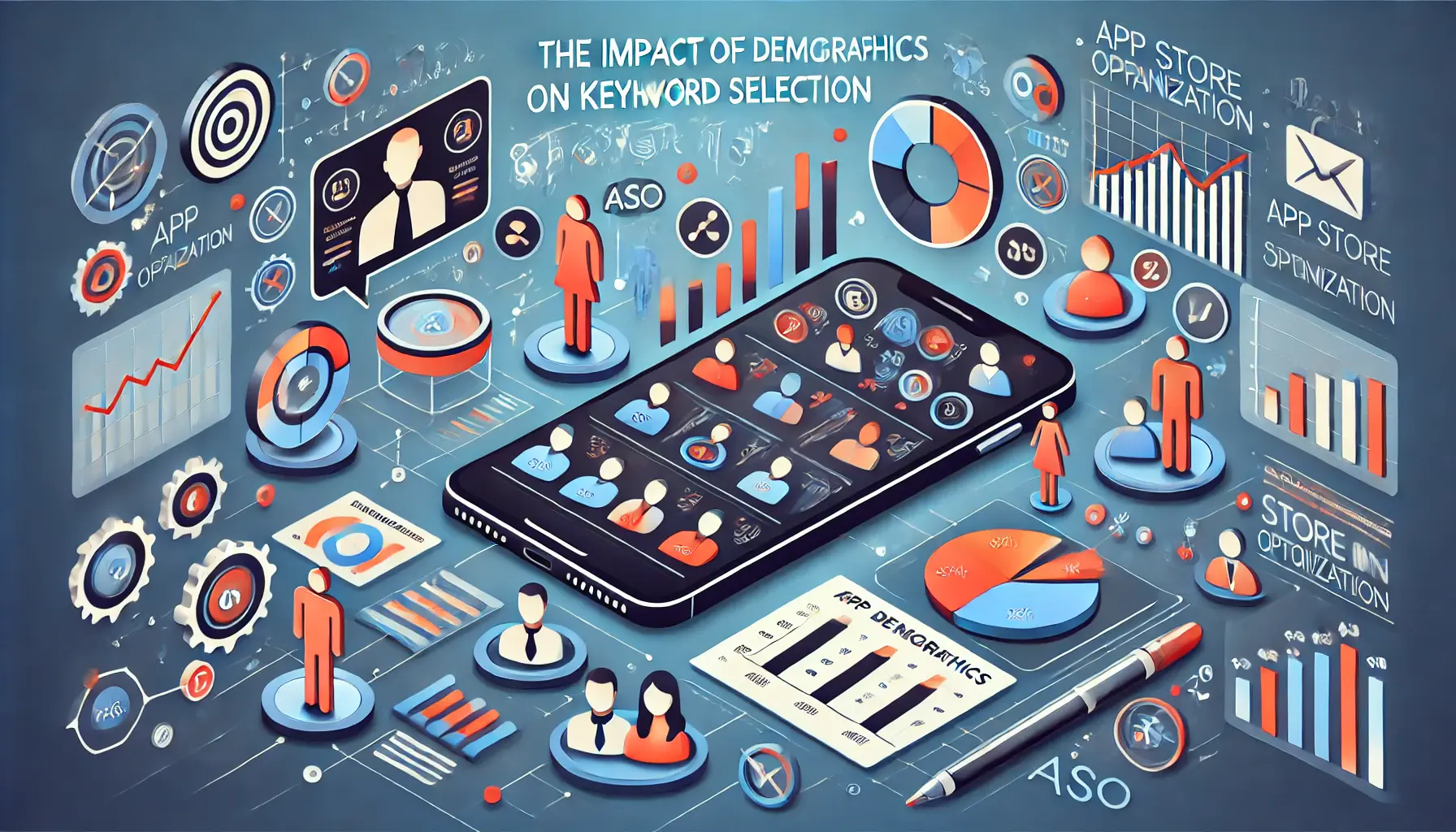 Image illustrating how demographics influence keyword selection in ASO, featuring a mobile app interface with keyword tools, demographic icons, and data charts showing the impact of demographics on keyword performance.