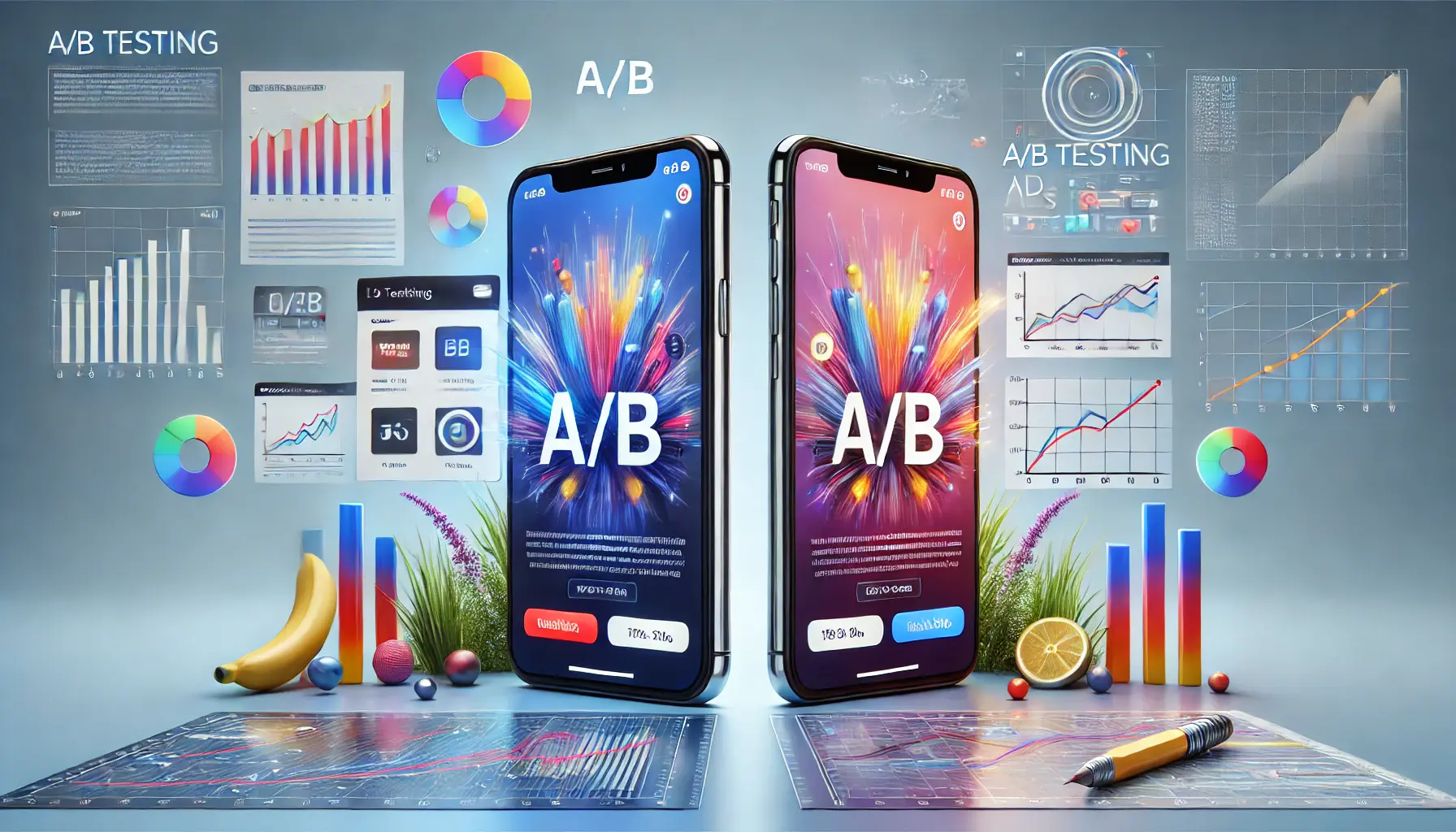 Two smartphones side by side showing different versions of an app ad for A/B testing