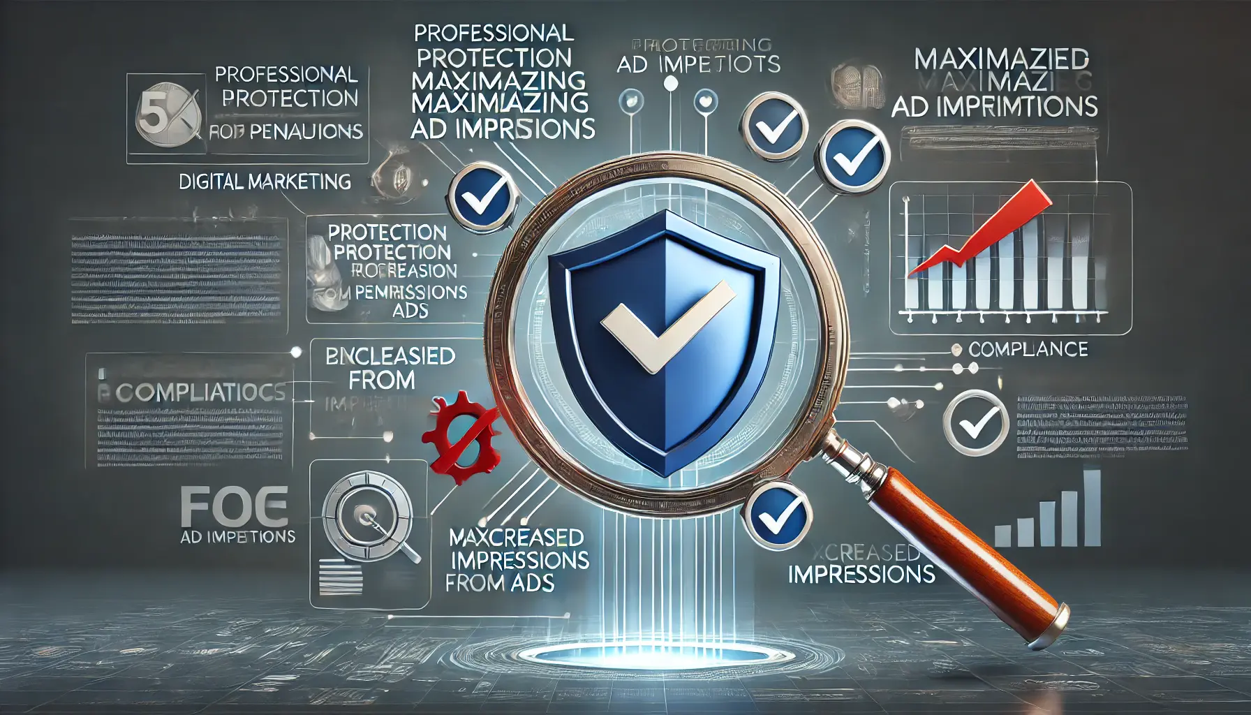 Visualization representing the importance of compliance in maximizing ad impressions, featuring icons like a shield, magnifying glass, and compliance checkmarks.