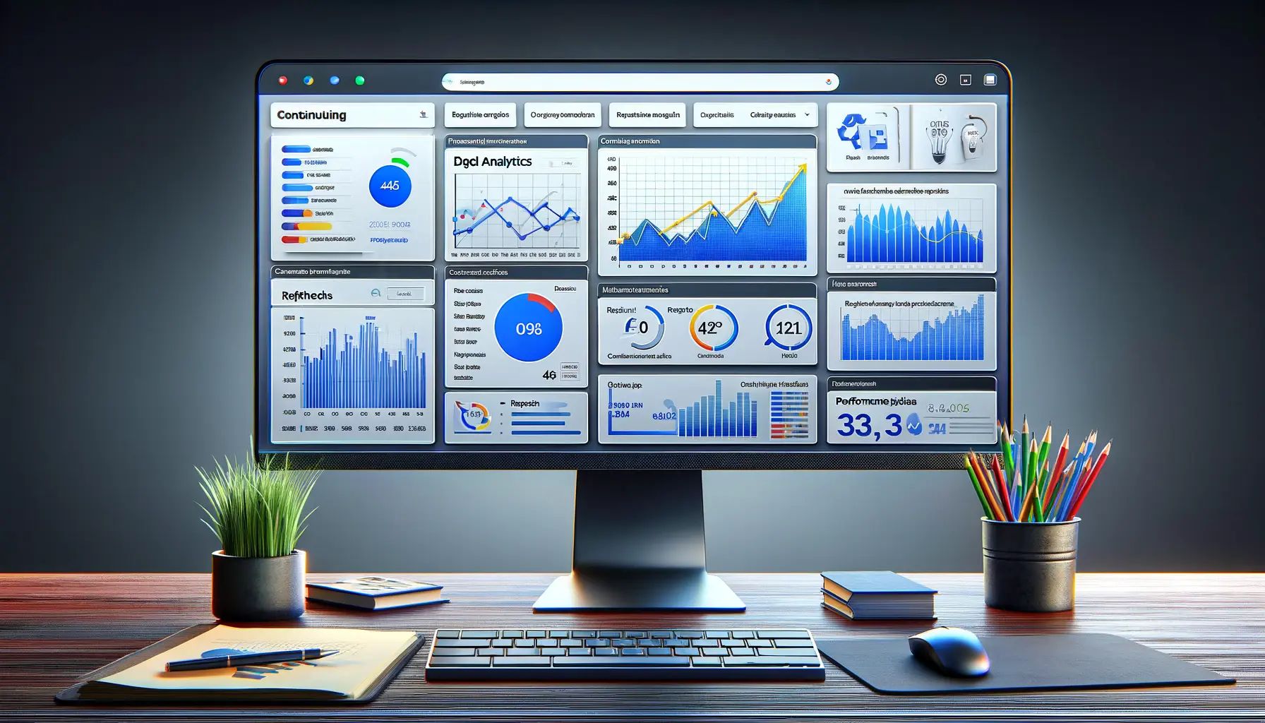 A realistic illustration depicting the importance of continuous monitoring and adaptation in Google Ads, featuring a computer screen with a live analytics dashboard.