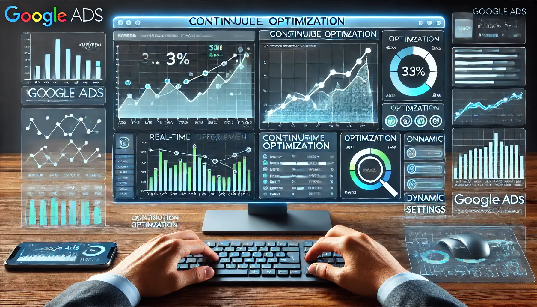 A professional image illustrating the importance of continuous optimization in Google Ads, with performance metrics and upward trends on a digital dashboard.