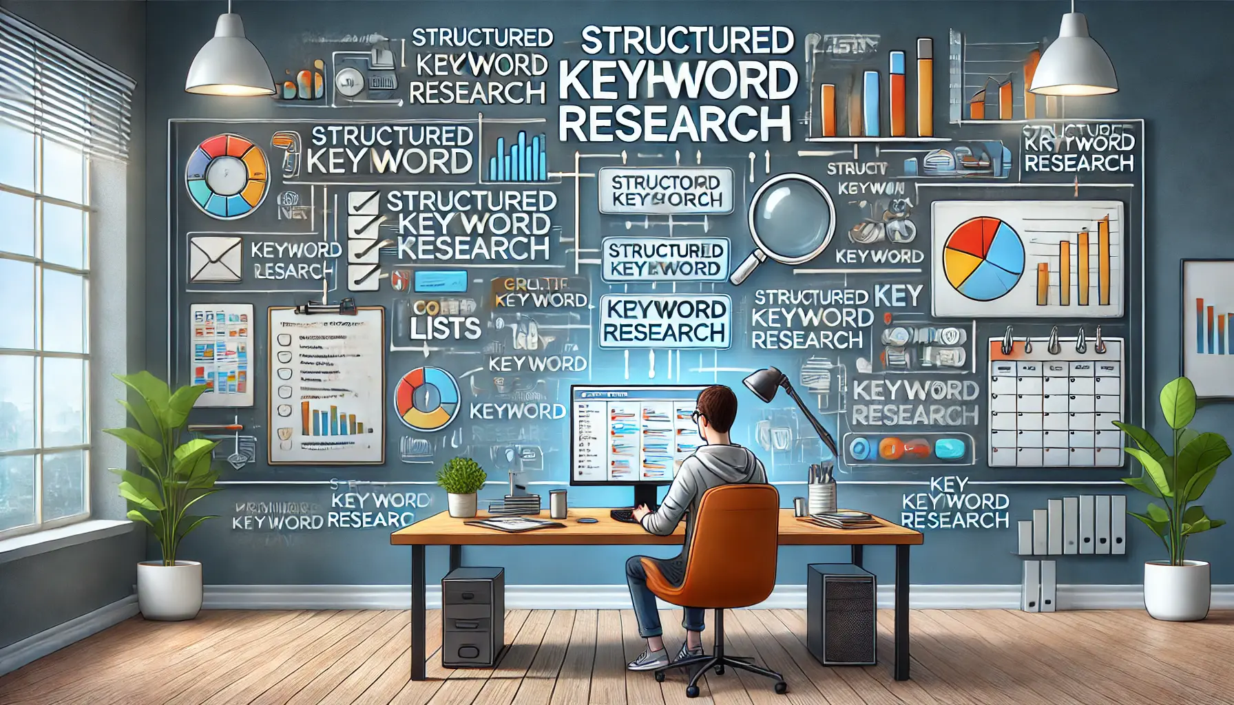 A visual representation of structured keyword research, showing a person organizing data at a workspace.