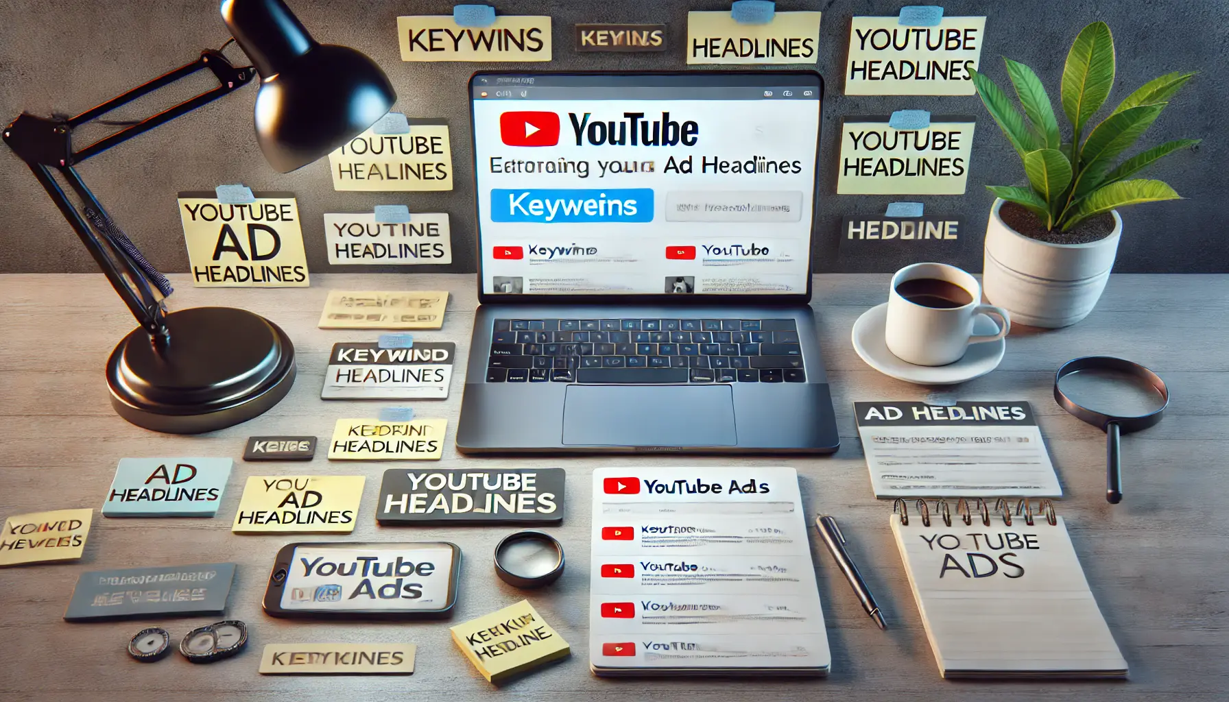 A workspace with a laptop displaying keyword analysis tools and a YouTube ad draft, surrounded by keyword research materials.