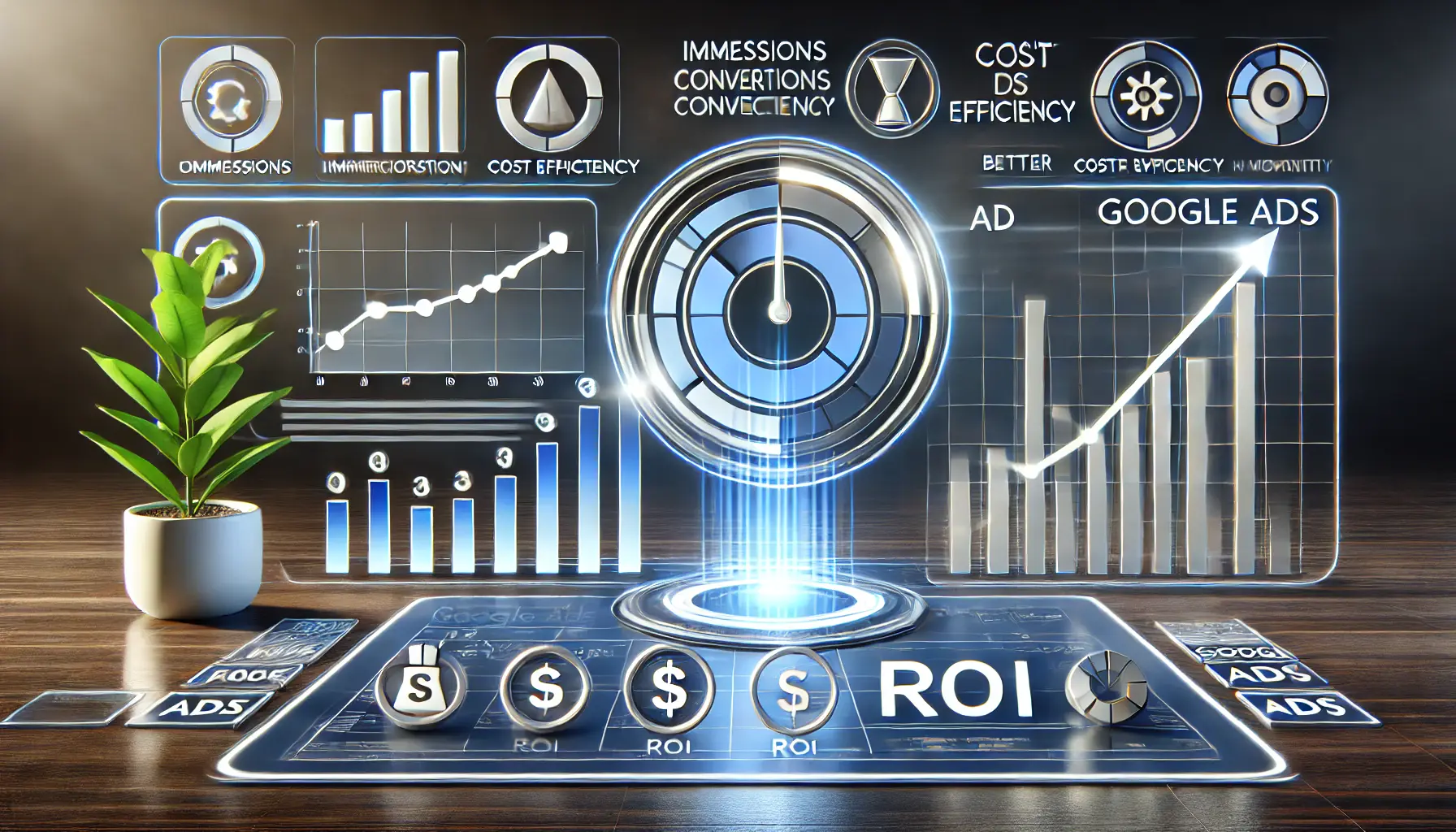 A Google Ads dashboard showing metrics like impressions, conversions, and ROI improving over time, surrounded by symbols representing sustained growth, cost efficiency, and better visibility.