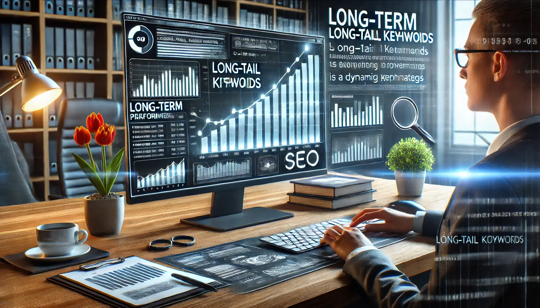 A professional SEO workspace showing a dashboard with long-term performance graphs highlighting the ongoing impact of long-tail keywords