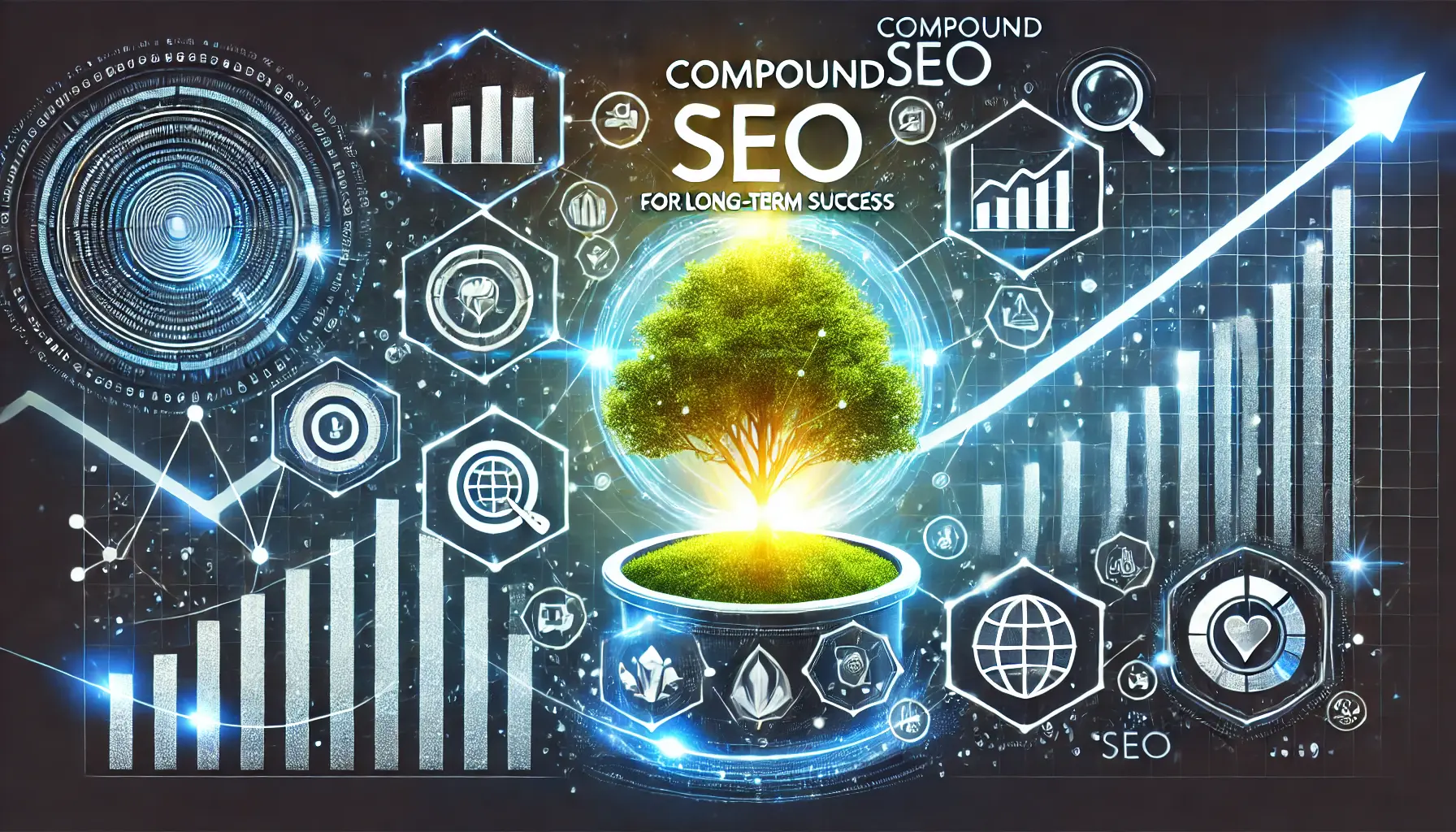 An illustration showing sustainable growth through a growing tree and upward trending graphs, symbolizing long-term SEO success.