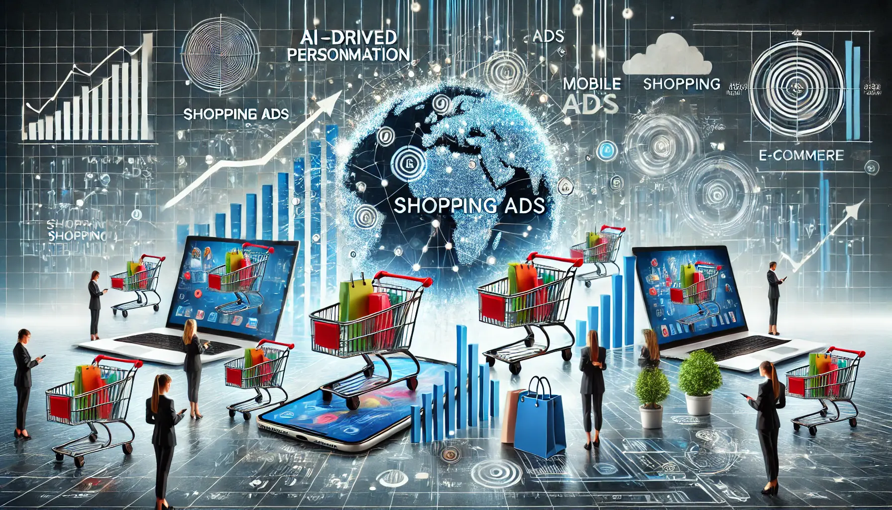 An image showing digital product ads displayed on smartphones, laptops, and tablets, representing the power of Shopping Ads in connecting businesses with consumers in a changing e-commerce environment.