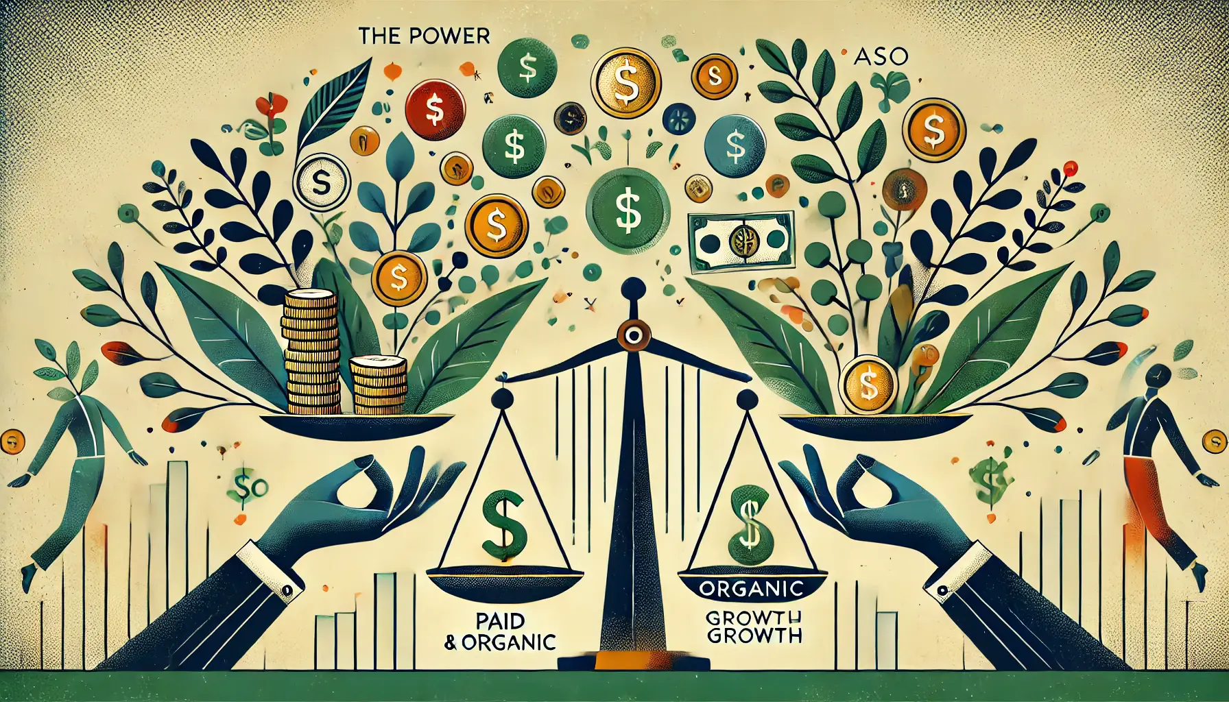 Abstract image symbolizing the balance between paid and organic growth with visuals of juggling hands, coins, and leaves.