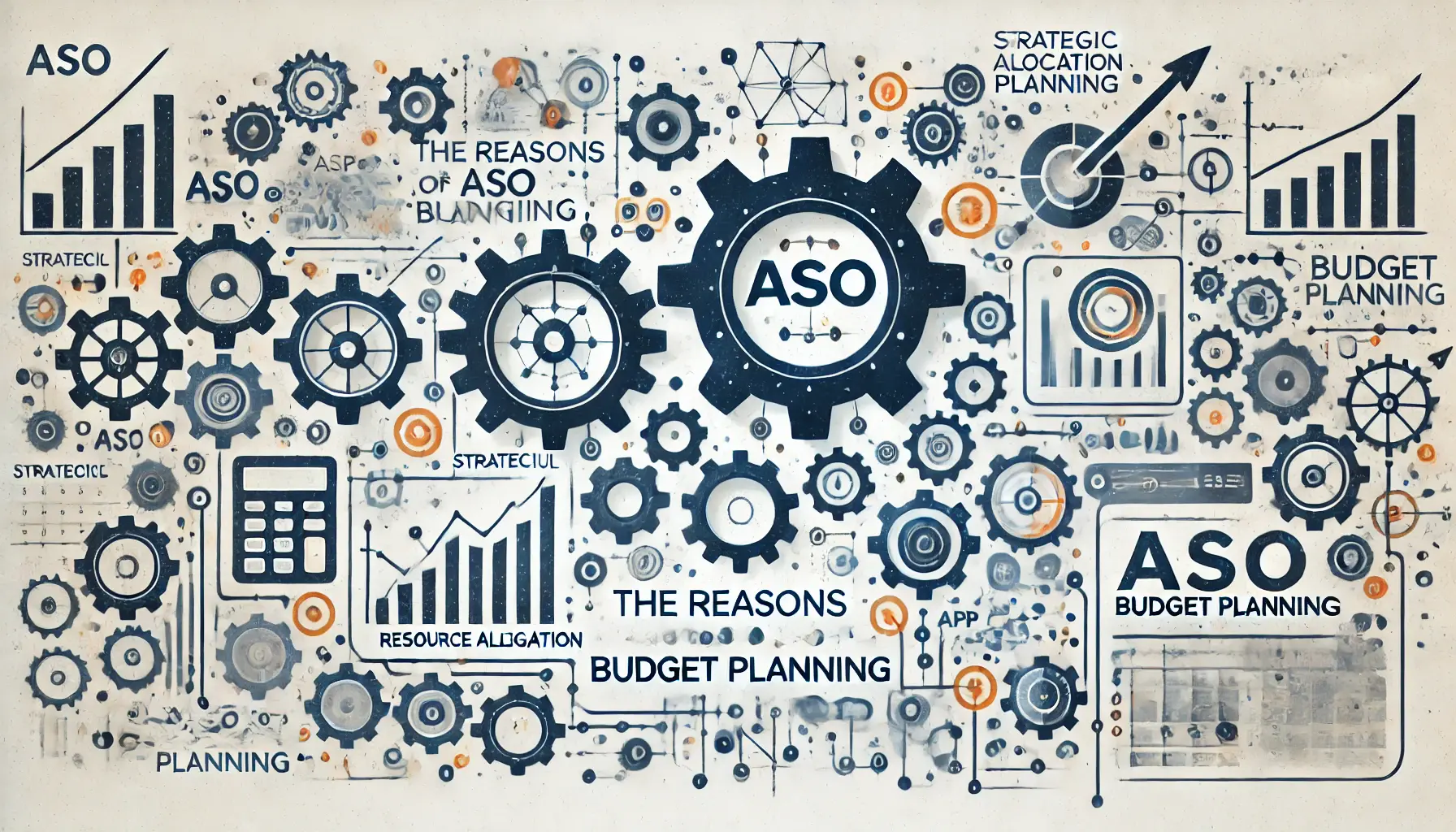 Abstract image symbolizing strategic planning and resource allocation with interconnected gears and flowcharts representing ASO budget planning.