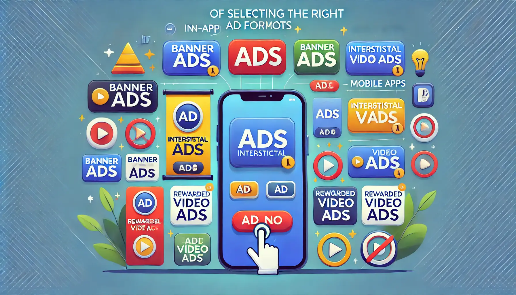 Digital illustration of a mobile device displaying various in-app ad formats, including banner ads, interstitial ads, and rewarded video ads.