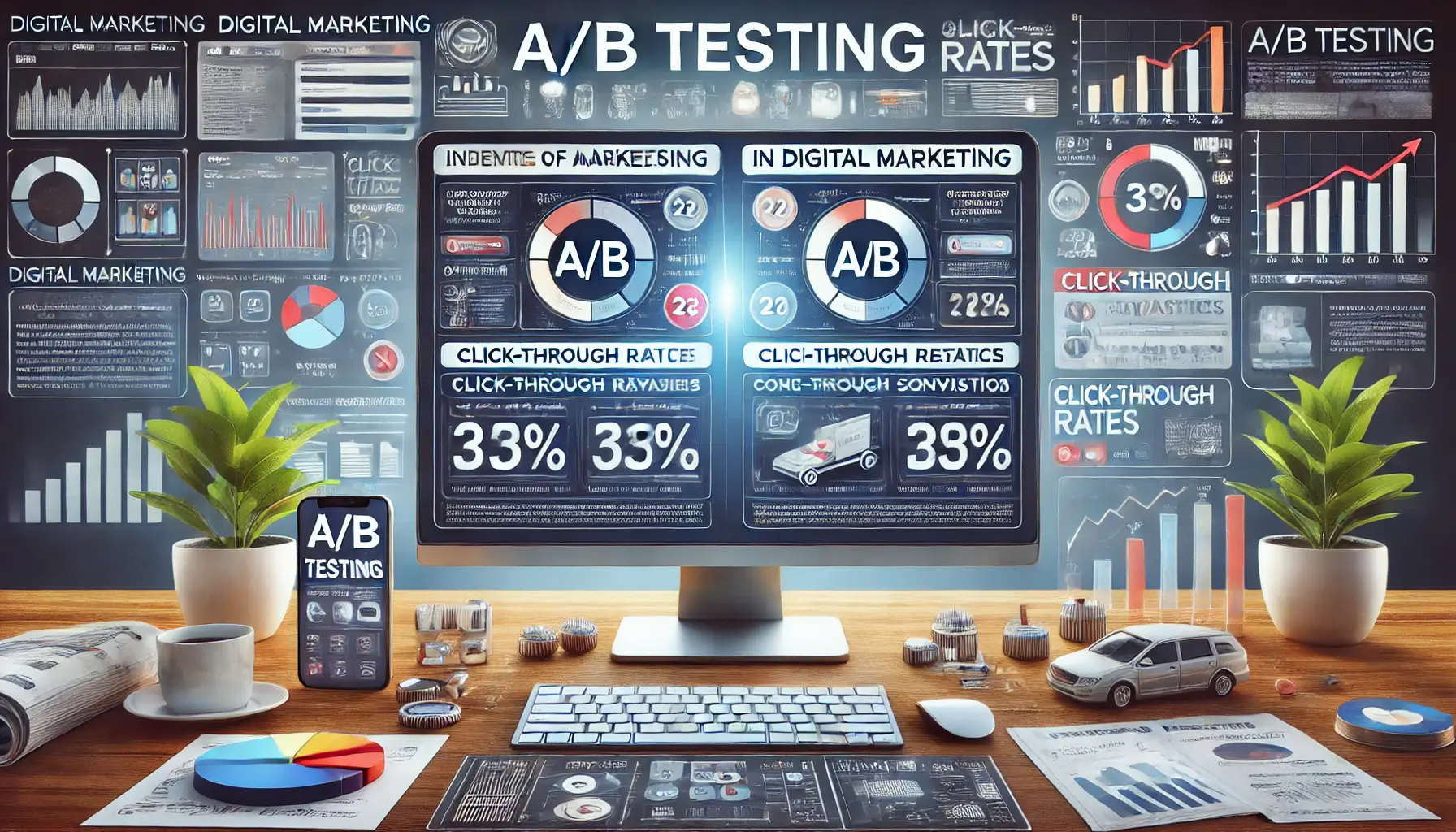 A computer screen displaying two versions of an advertisement side by side with performance metrics in a digital marketing context.