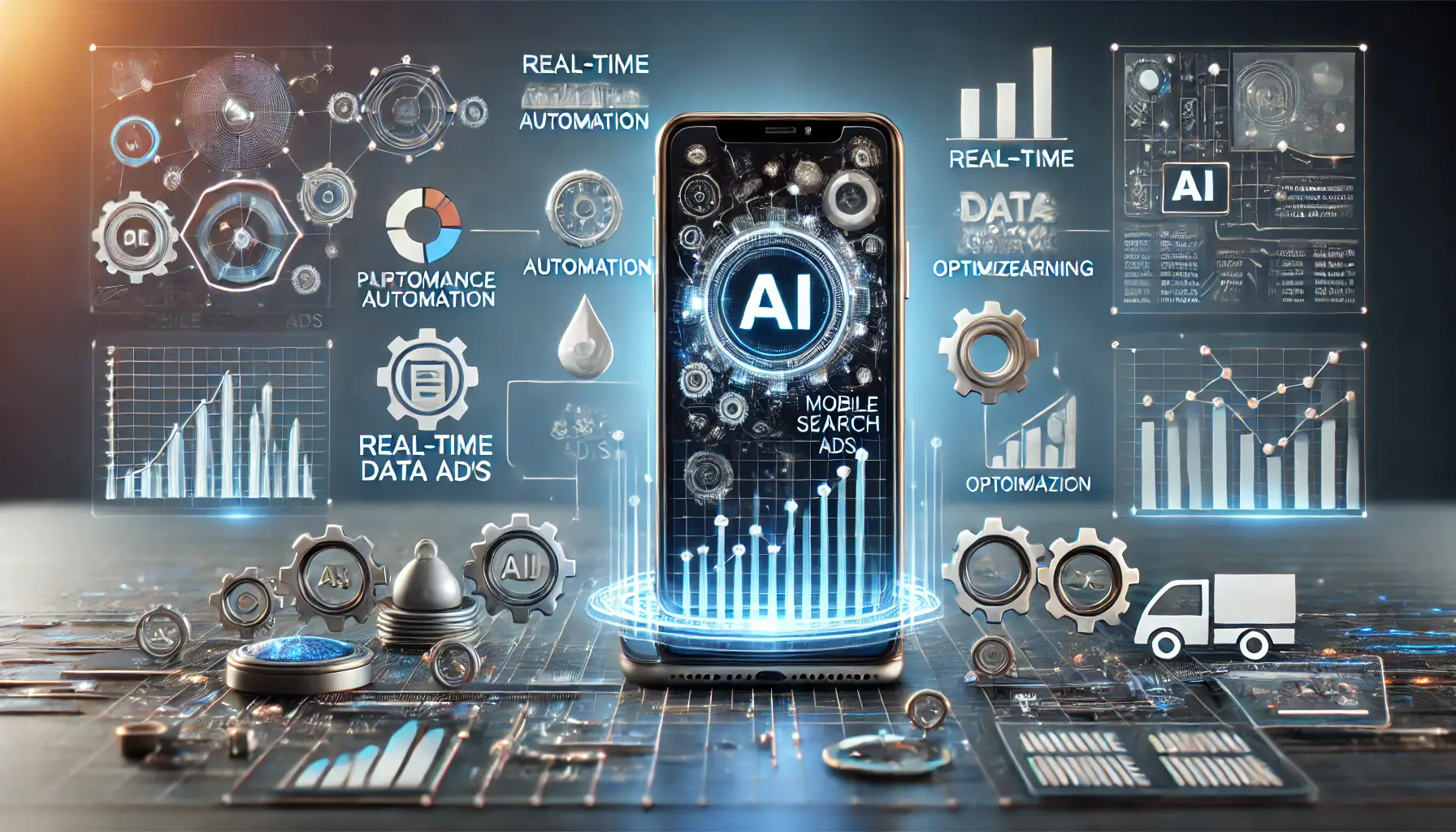 A smartphone displaying an AI-driven mobile ad campaign, surrounded by symbols of automation, gears, and machine learning, with performance metrics and data analysis in the background