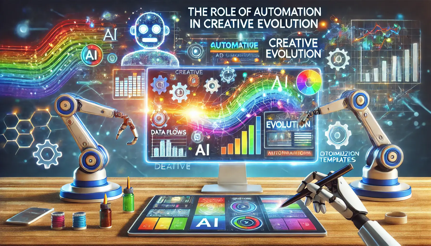 A futuristic marketing workspace where robotic arms and automation tools are adjusting and optimizing ad creatives on a digital interface, symbolizing the evolution of creativity through automation.