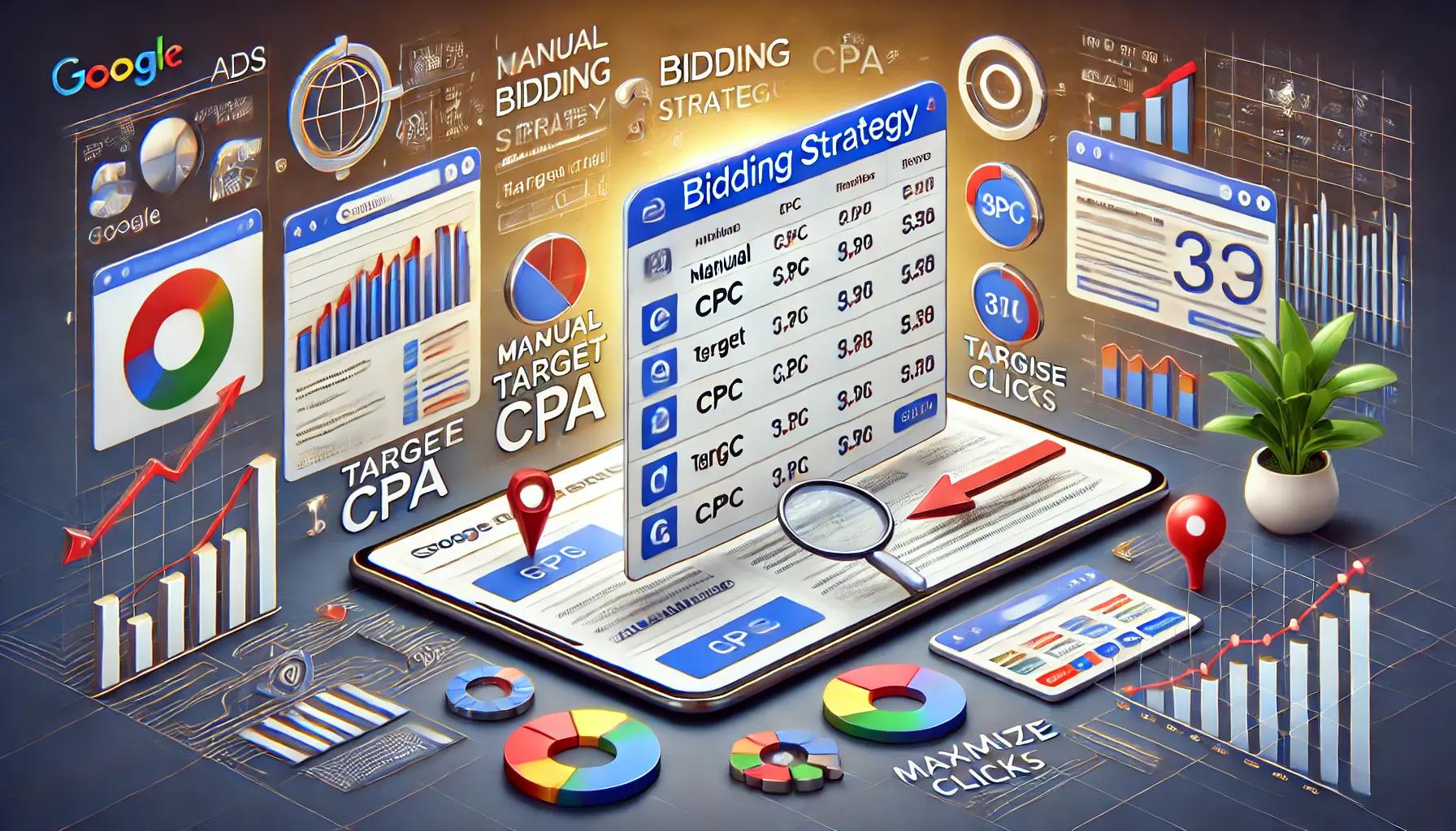 A realistic illustration depicting the role of bidding strategy in ad positioning within Google Ads, featuring a search engine results page (SERP) with ads at different positions and visual elements representing various bidding strategies.