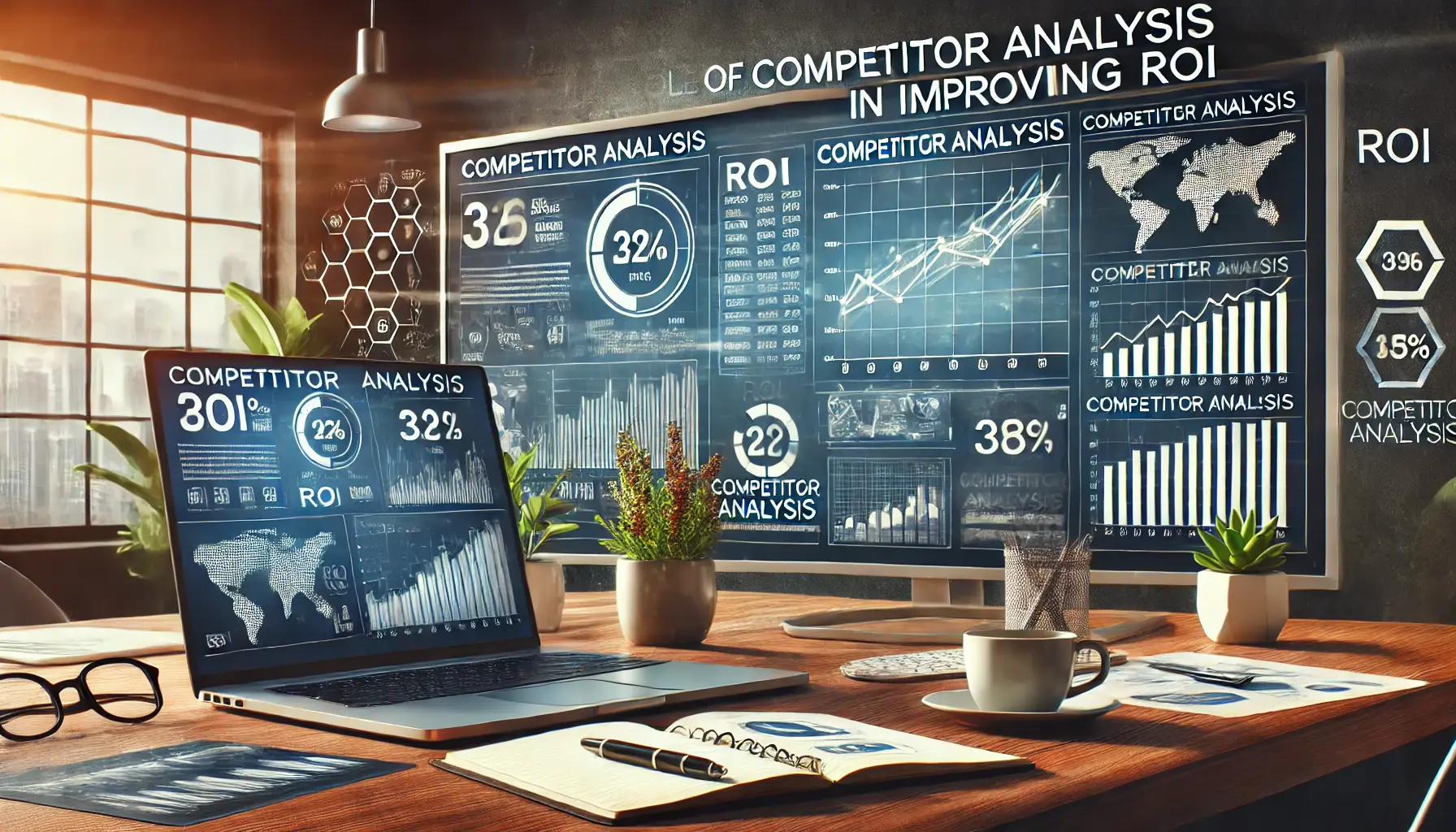 A professional digital marketing workspace showcasing ROI metrics and competitor performance comparisons.