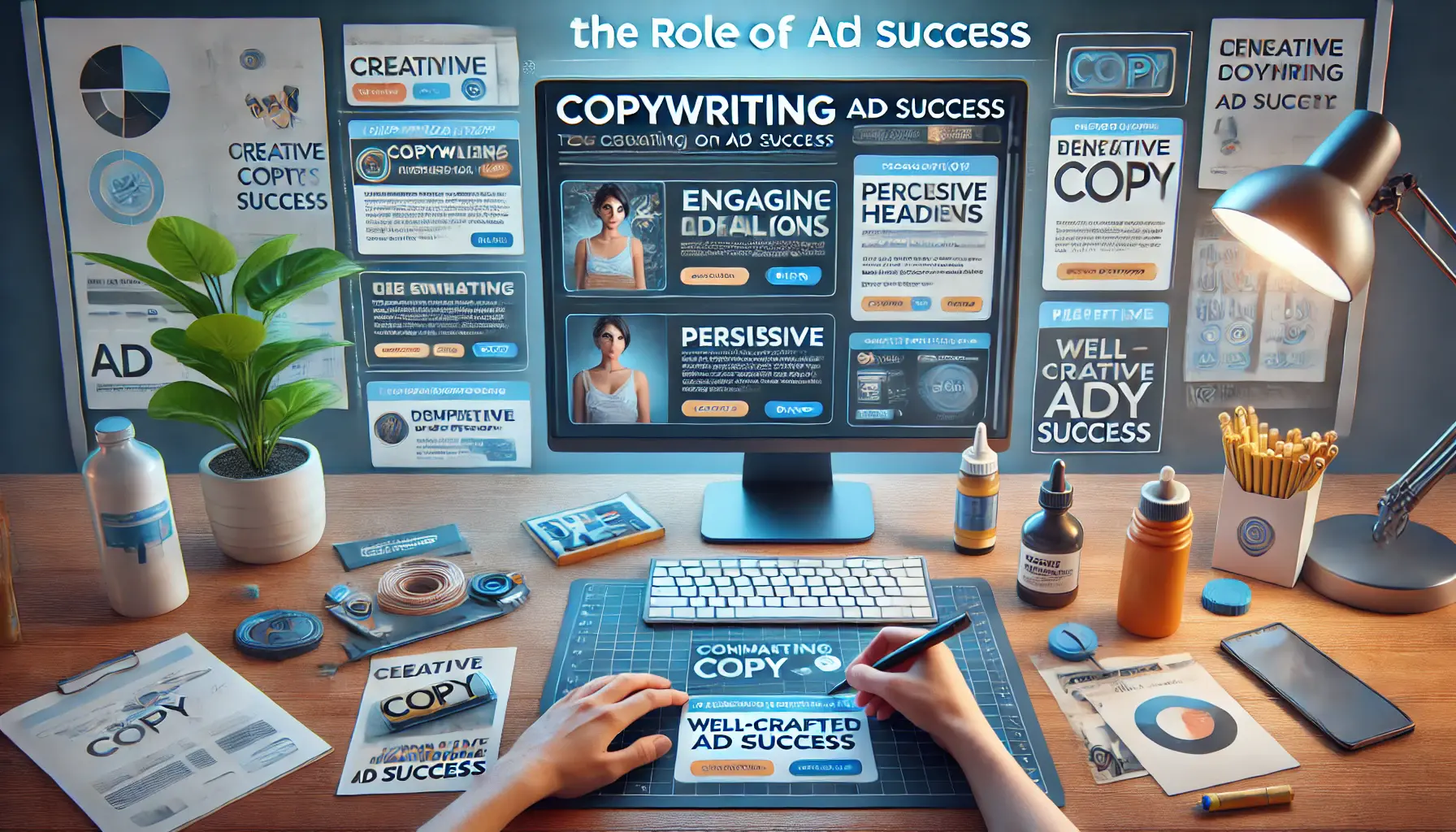 A creative workspace where a copywriter is crafting ad copy on a digital interface, with different ad variations being reviewed, emphasizing compelling headlines and persuasive text.