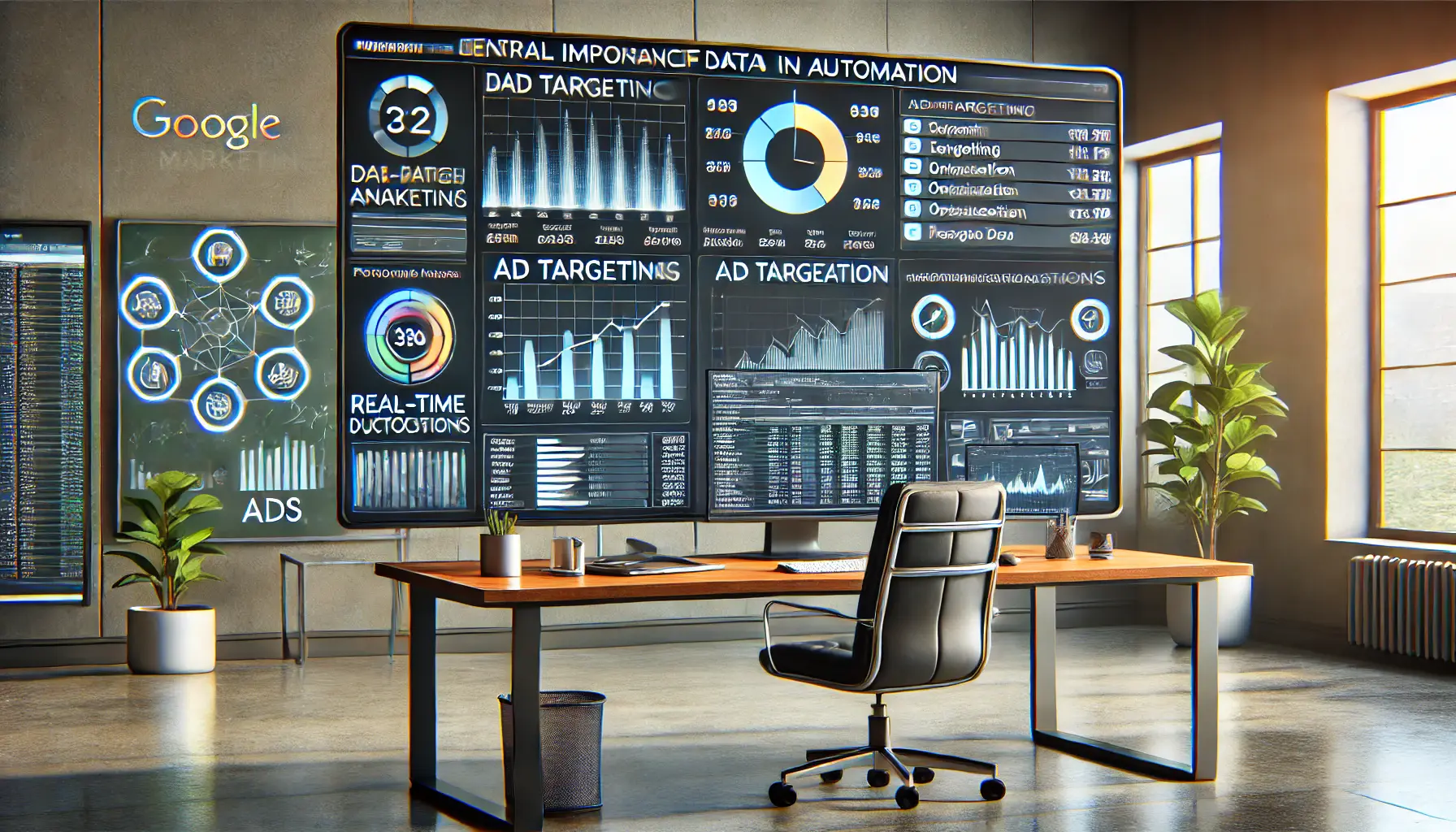 A professional workspace displaying data-driven analytics, charts, and performance metrics that guide automated decisions in Google Ads campaigns.