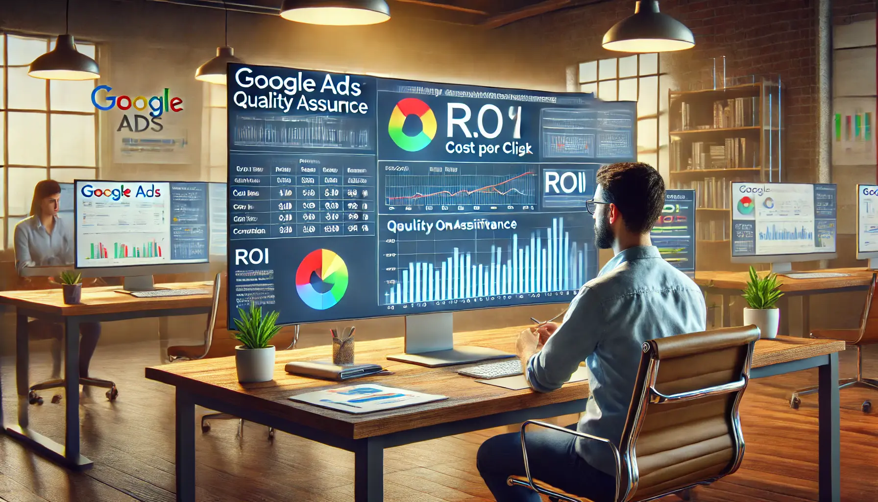 A digital marketing workspace where a professional is analyzing campaign performance metrics like ROI, cost per click, and conversion rates on a large monitor, with additional screens showing the impact of quality assurance on improving ROI.