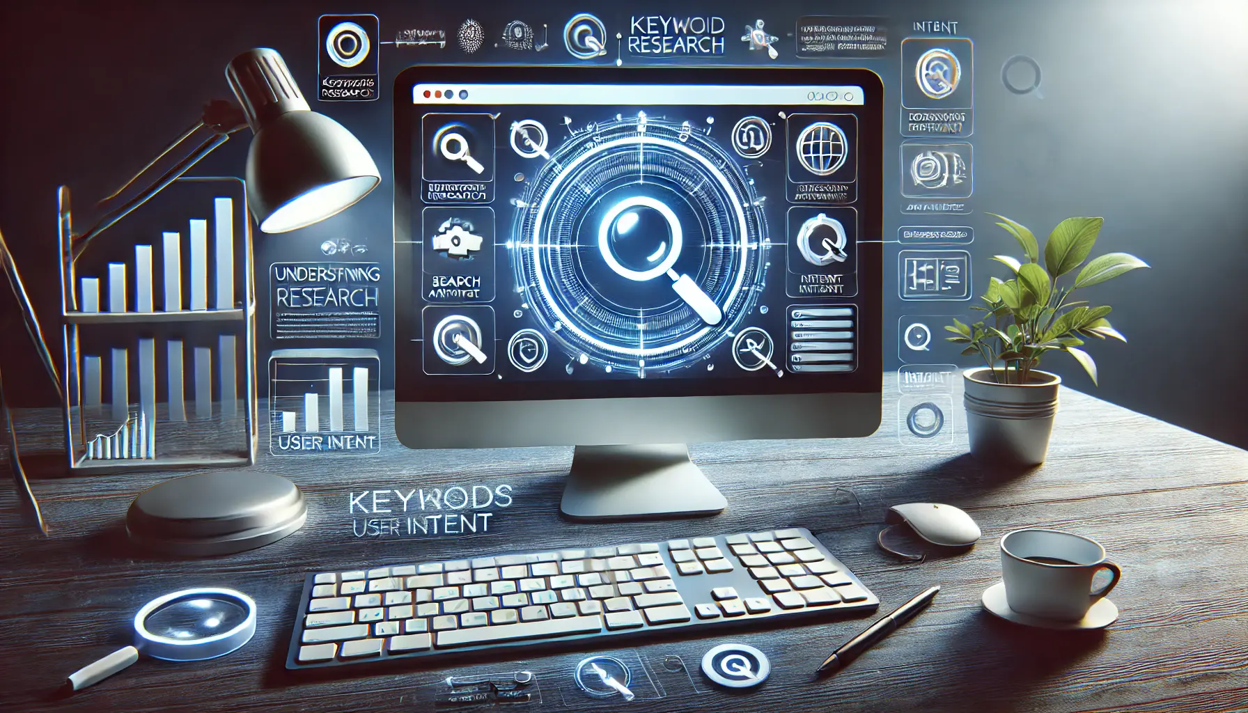 Computer displaying keyword research and search query analysis for understanding user intent in digital marketing.