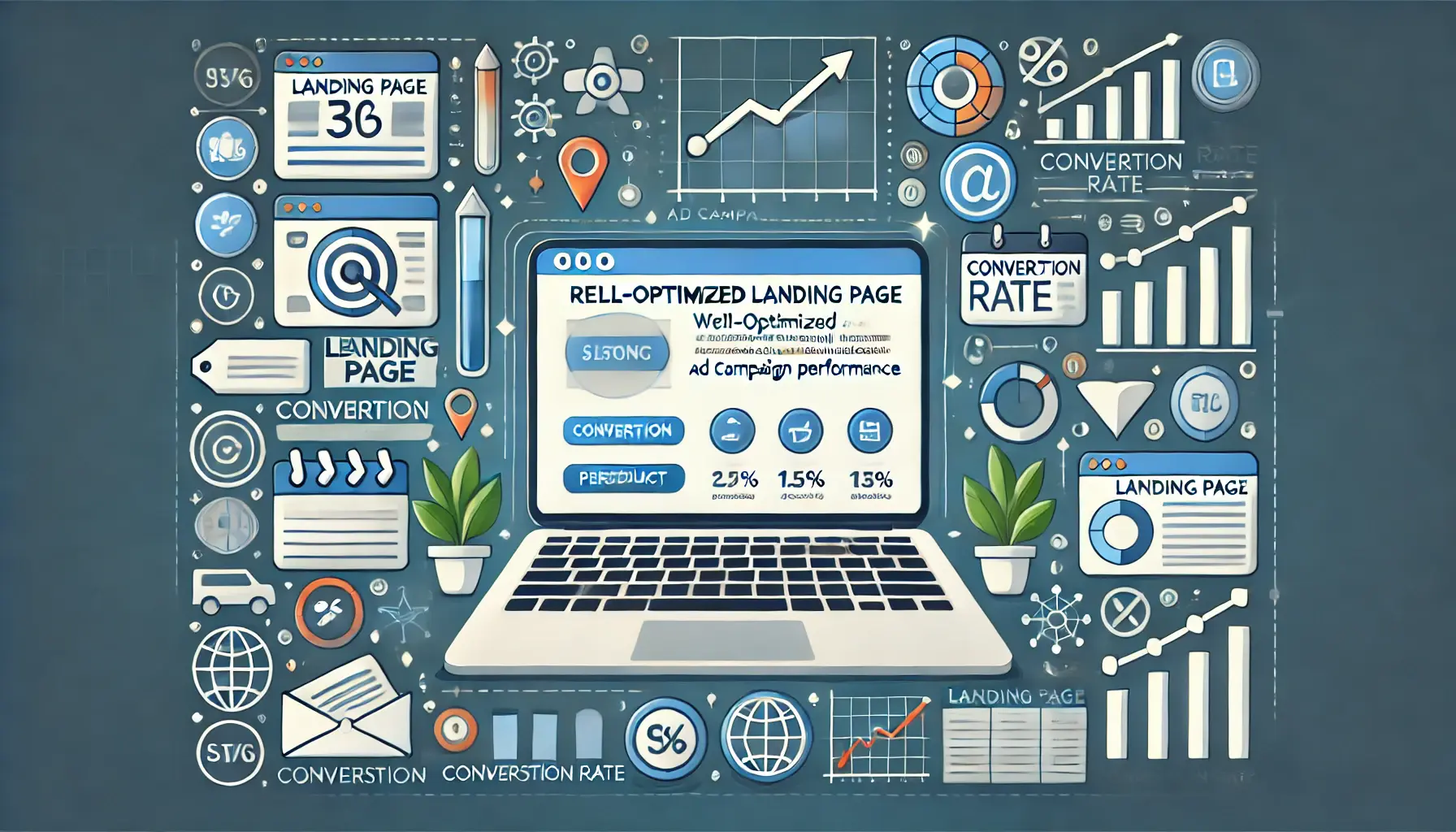 Illustration showing an optimized landing page on a laptop with performance metrics and conversion indicators.