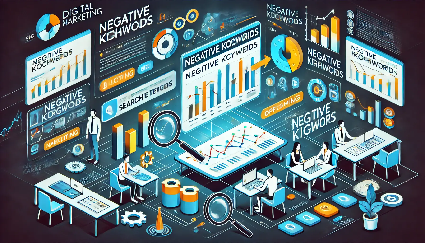 An informative image illustrating the role of negative keywords in optimizing advertising campaigns, featuring a dashboard with filtering elements.