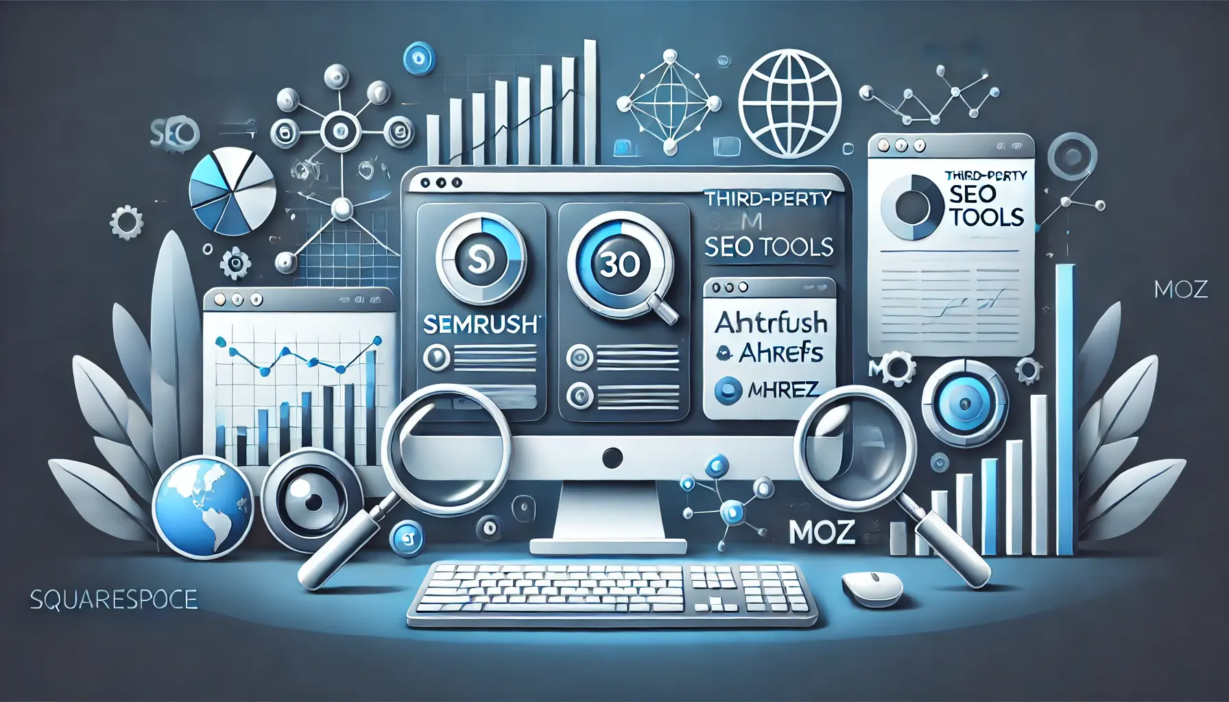 A computer screen displaying third-party SEO tools like SEMrush, Ahrefs, and Moz, alongside analytics charts and optimization symbols representing SEO performance improvements.