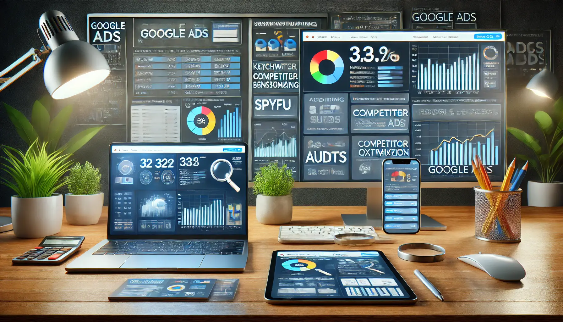 A digital marketing workspace with multiple screens displaying third-party tools like SEMrush and SpyFu for auditing and optimizing Google Ads campaigns, showing charts for keyword analysis and competitor benchmarking.