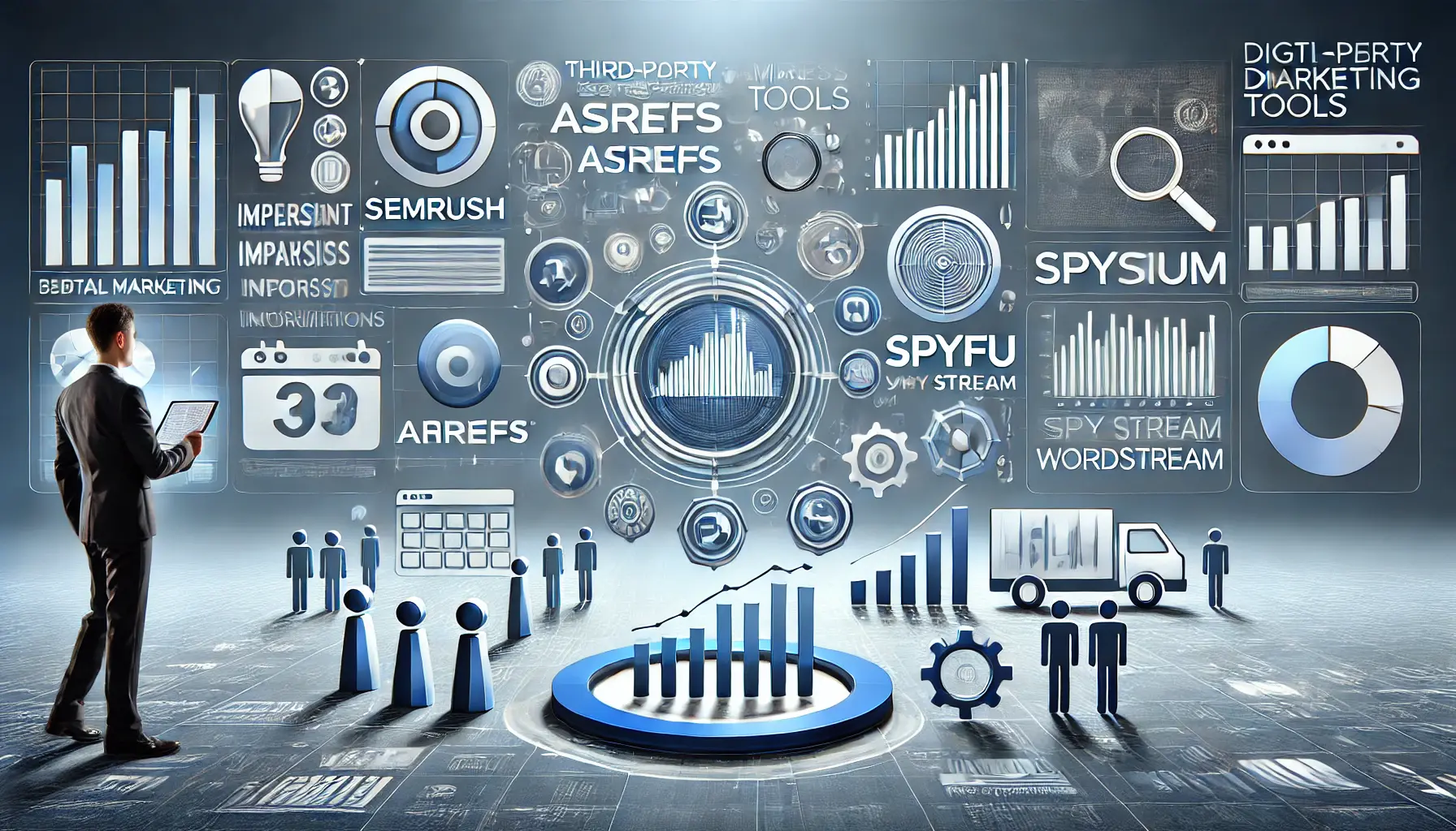 Visualization of third-party tools for impression analysis, with abstract icons representing tools like SEMrush, Ahrefs, SpyFu, and WordStream.