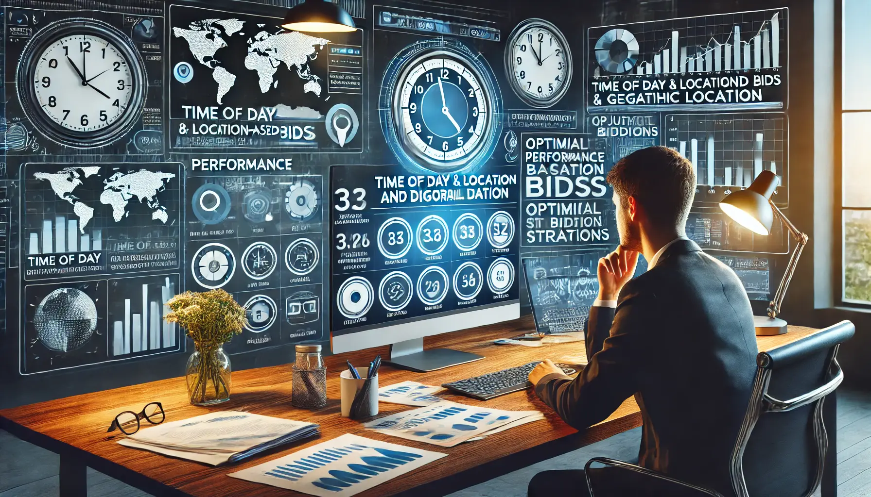 A digital marketing analyst reviewing time and location-based bid metrics.