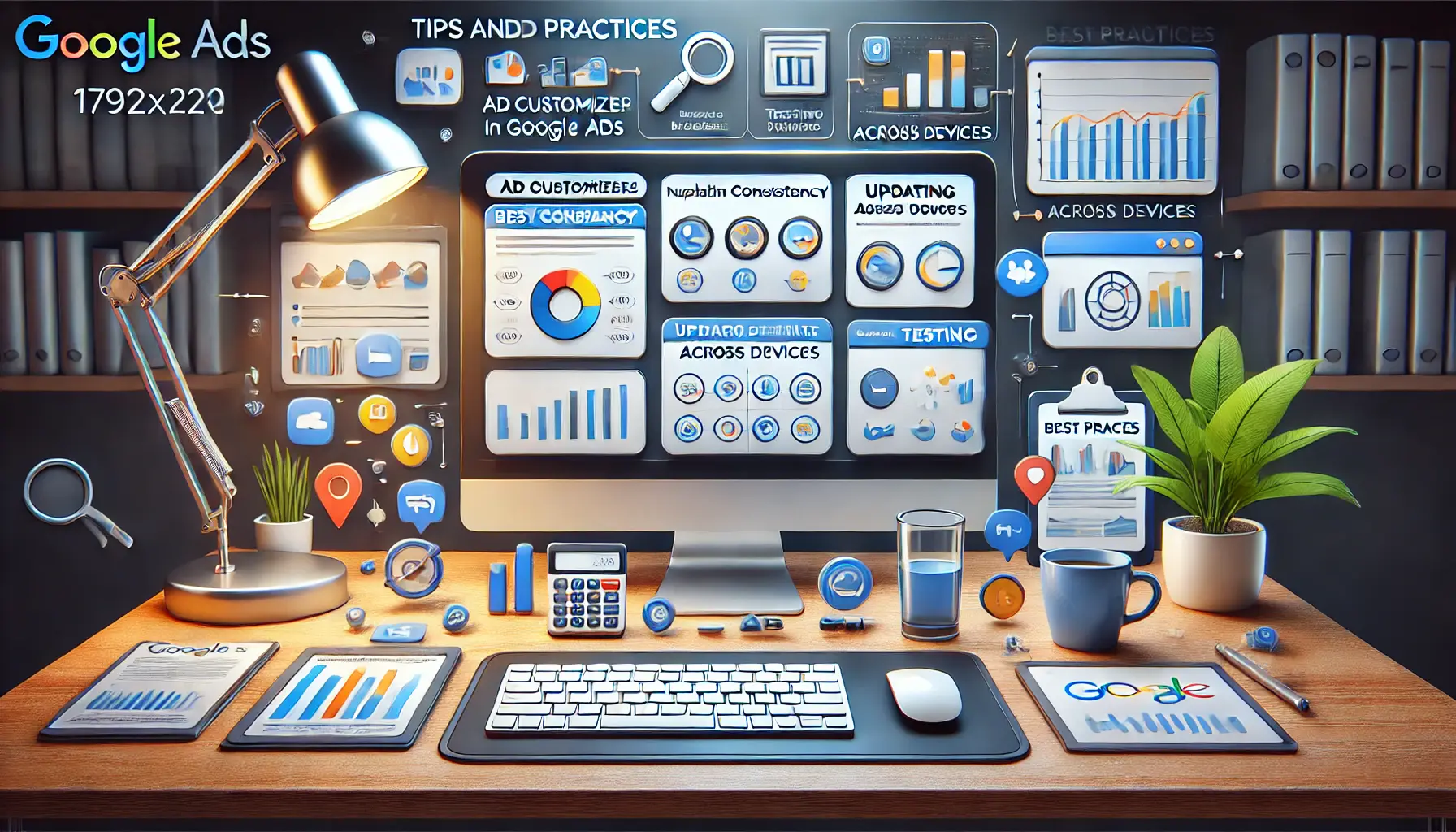 A digital workspace showing icons for best practices like maintaining consistency, updating data feeds, and cross-device testing, symbolizing strategic ad customization.