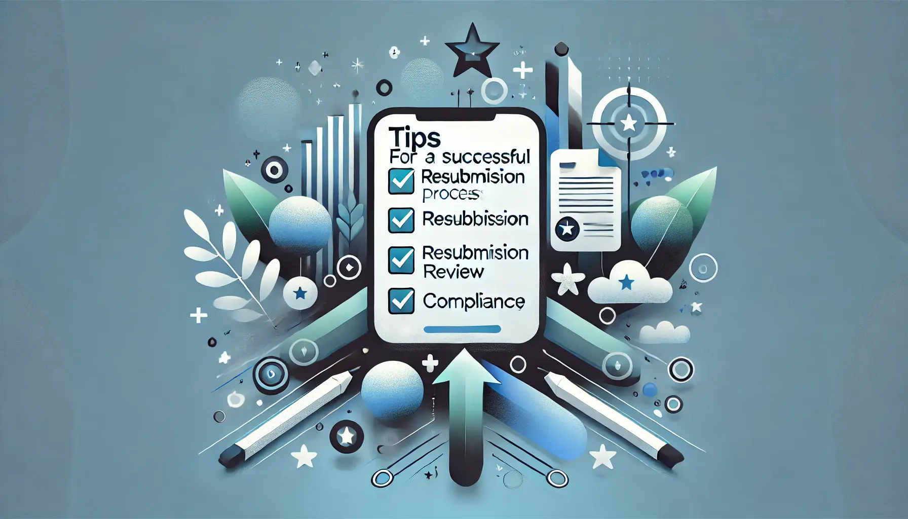 Abstract representation of tips for a successful resubmission process, featuring symbols of progress, review, and adherence to guidelines.