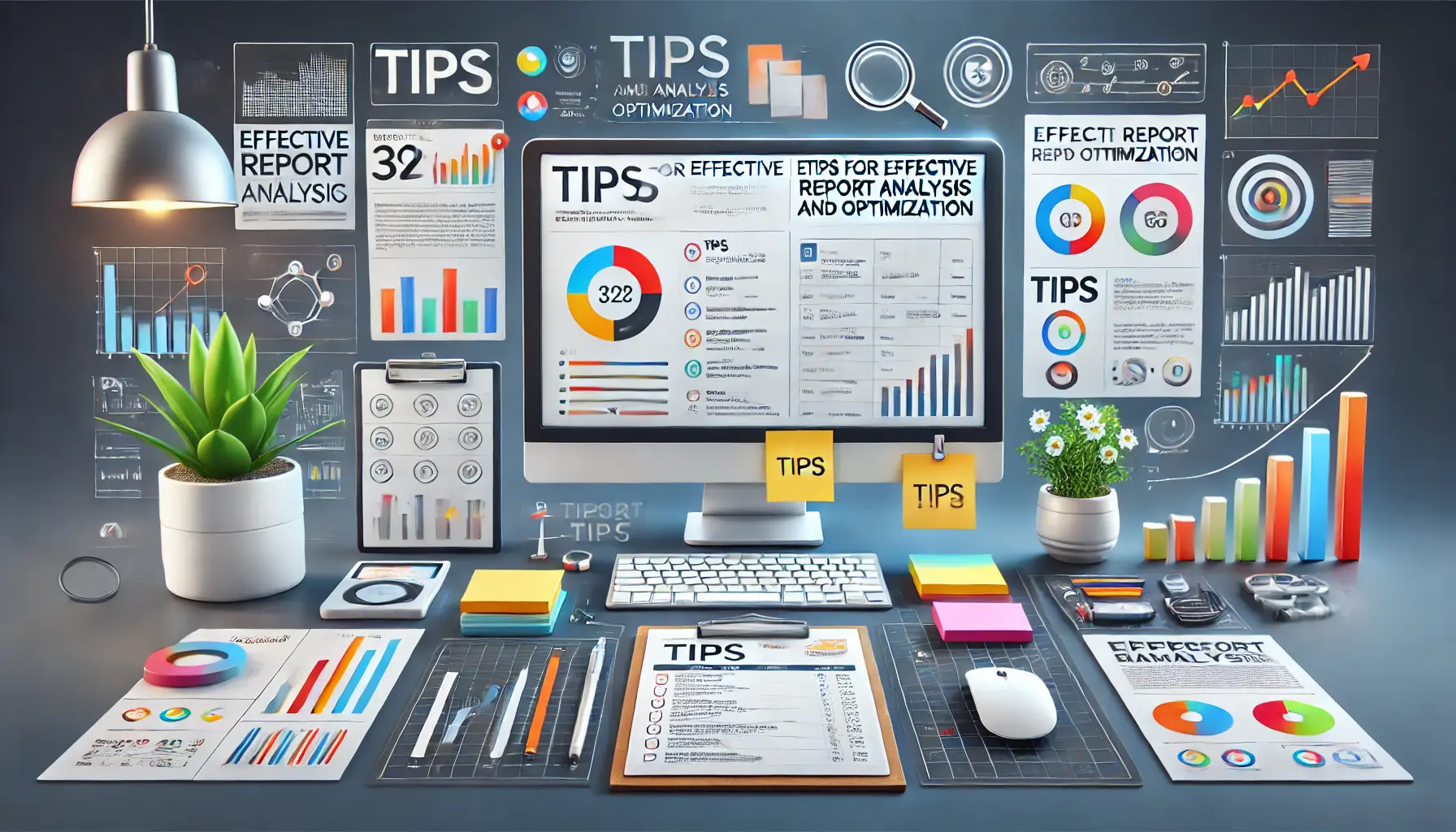 Image depicting a digital workspace with a computer showing various analytics reports, graphs, and key performance indicators.