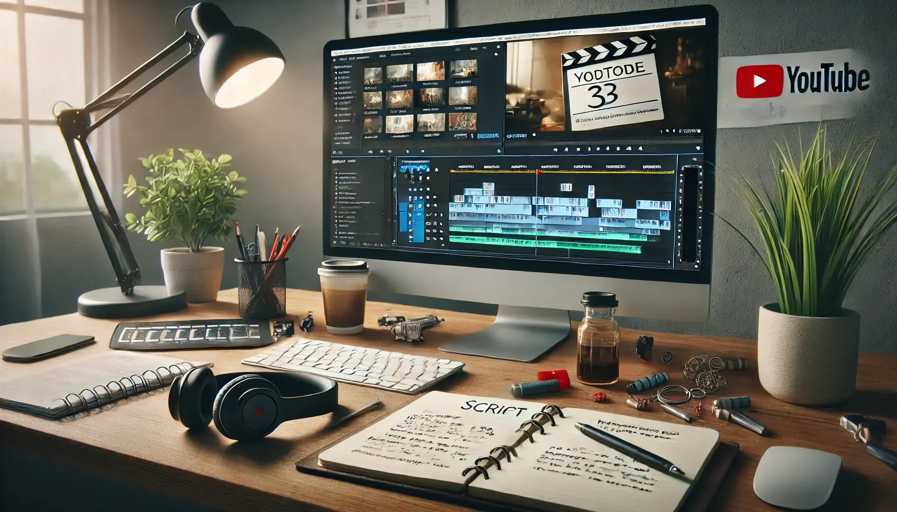 Marketer focused on scriptwriting for a YouTube video ad, with a screen showing a script and editing software.