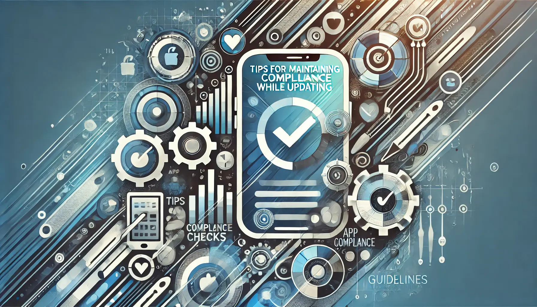 Abstract representation of maintaining compliance during app updates, featuring symbols of updates, compliance checks, and continuity.