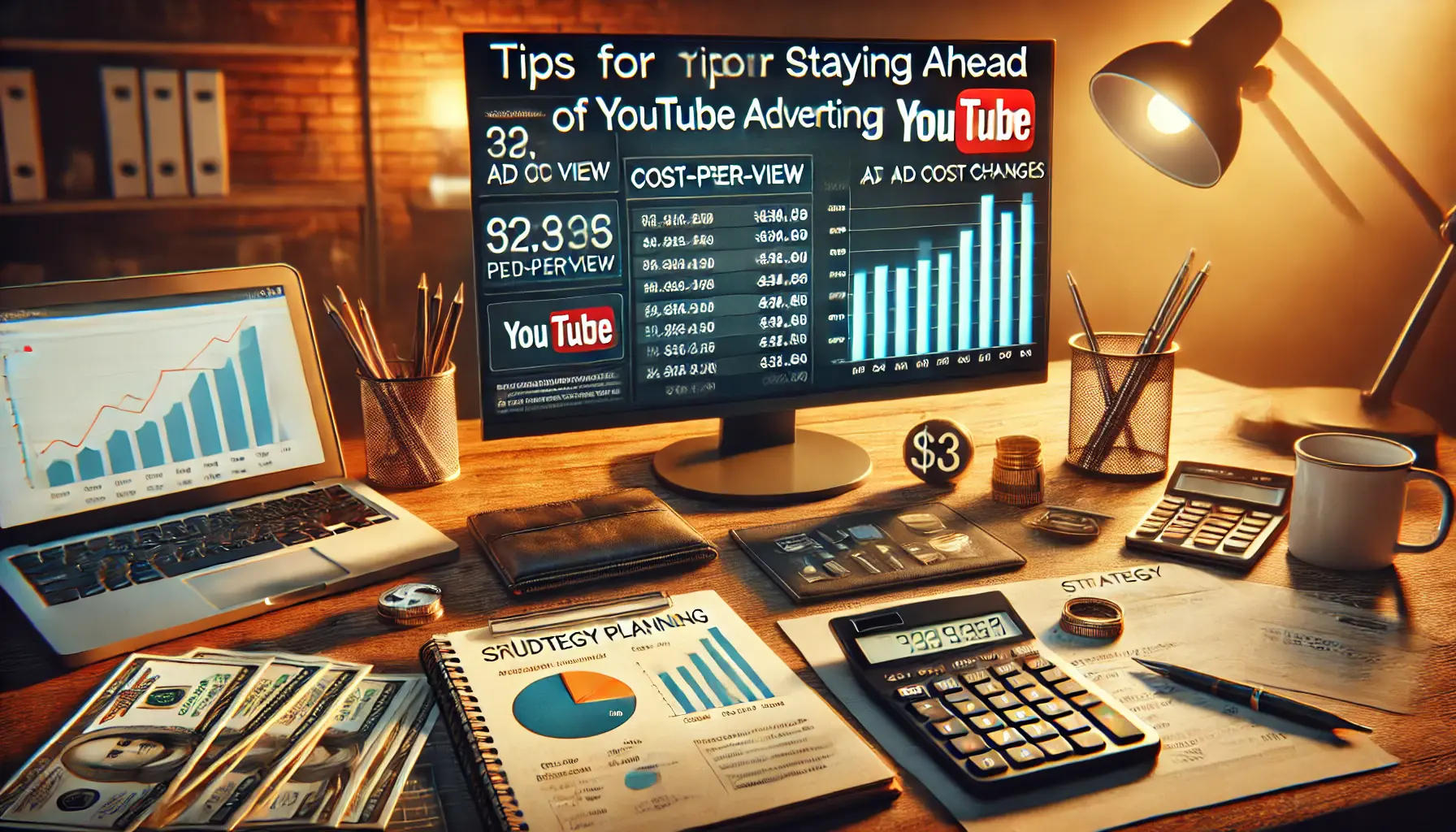 A realistic image of a workspace with a computer displaying YouTube ad cost analytics, symbolizing strategic planning for managing ad cost changes.