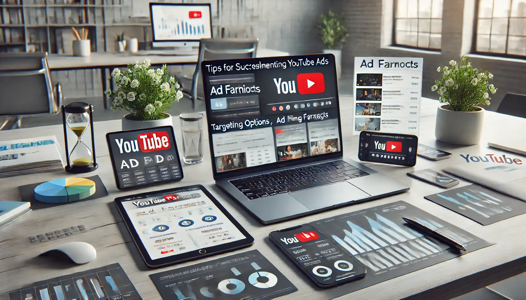 Laptop screen displaying YouTube ad campaign strategies in a digital marketing workspace, with additional devices showing analytics.