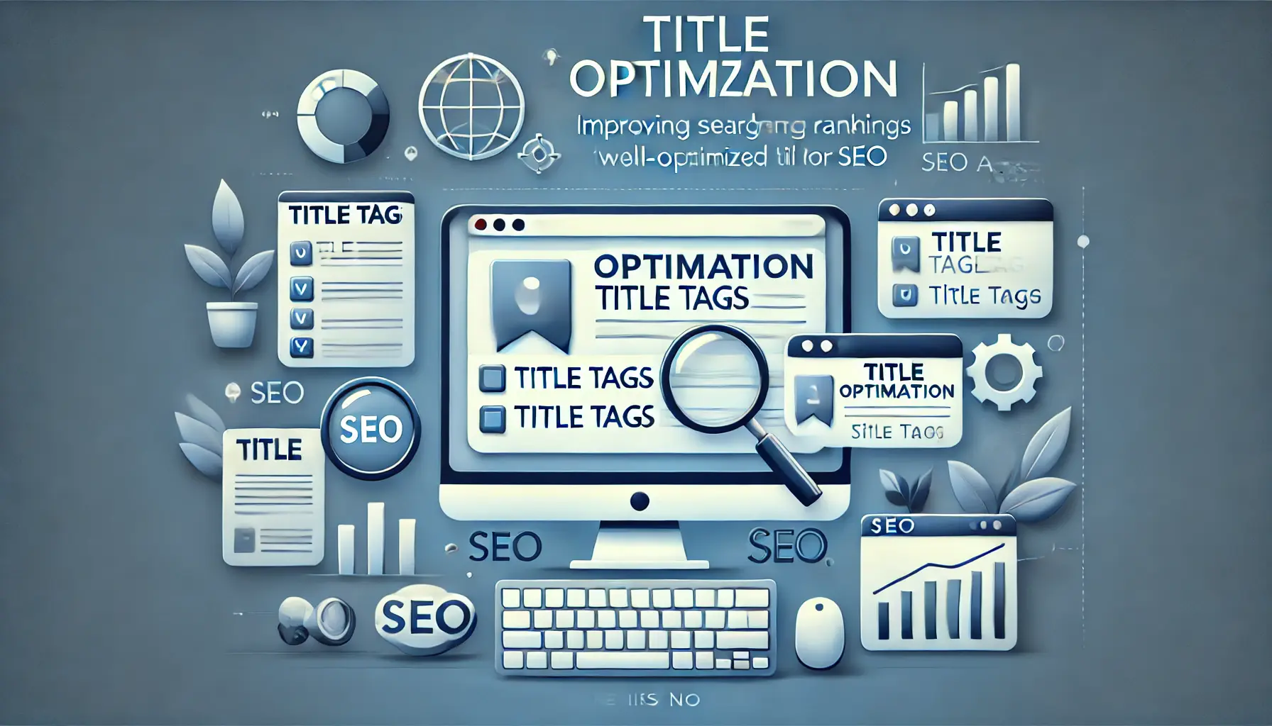 A computer screen showing a webpage with title tags being edited for SEO, surrounded by magnifying glasses, charts, and SEO analytics symbols, representing title optimization.