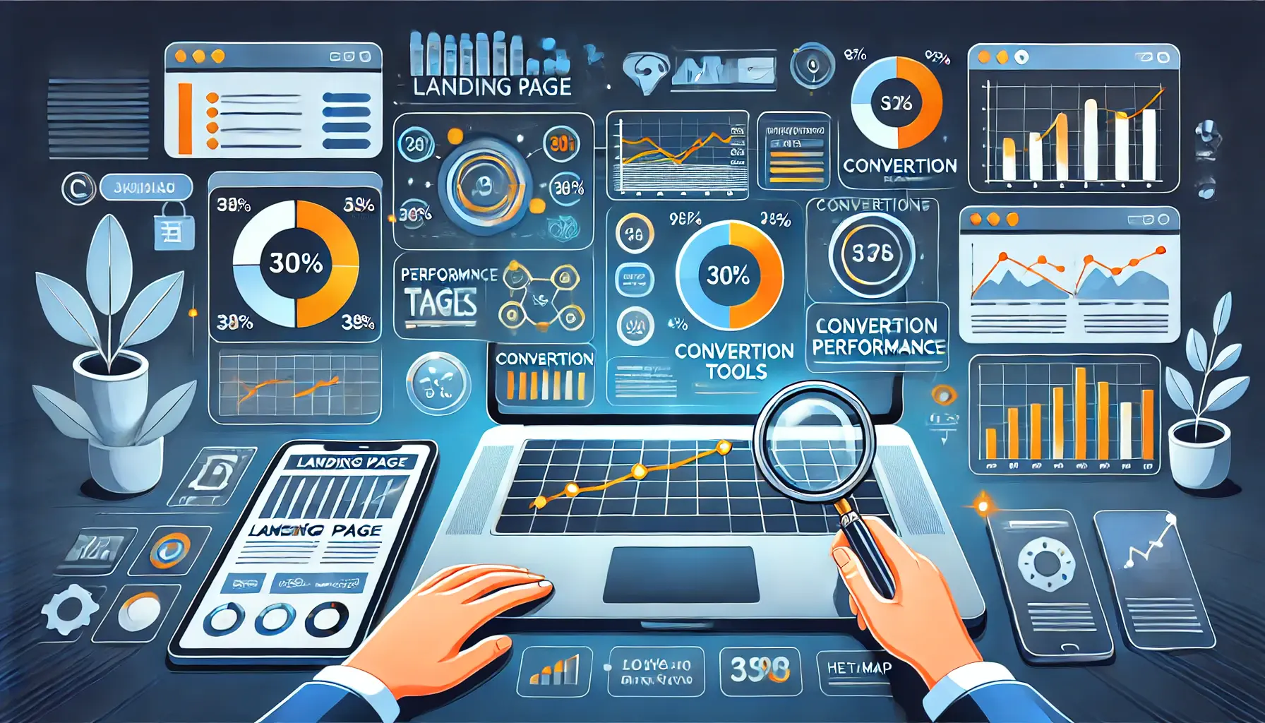 Illustration of a dashboard with performance graphs and analytics tools for measuring landing page performance.