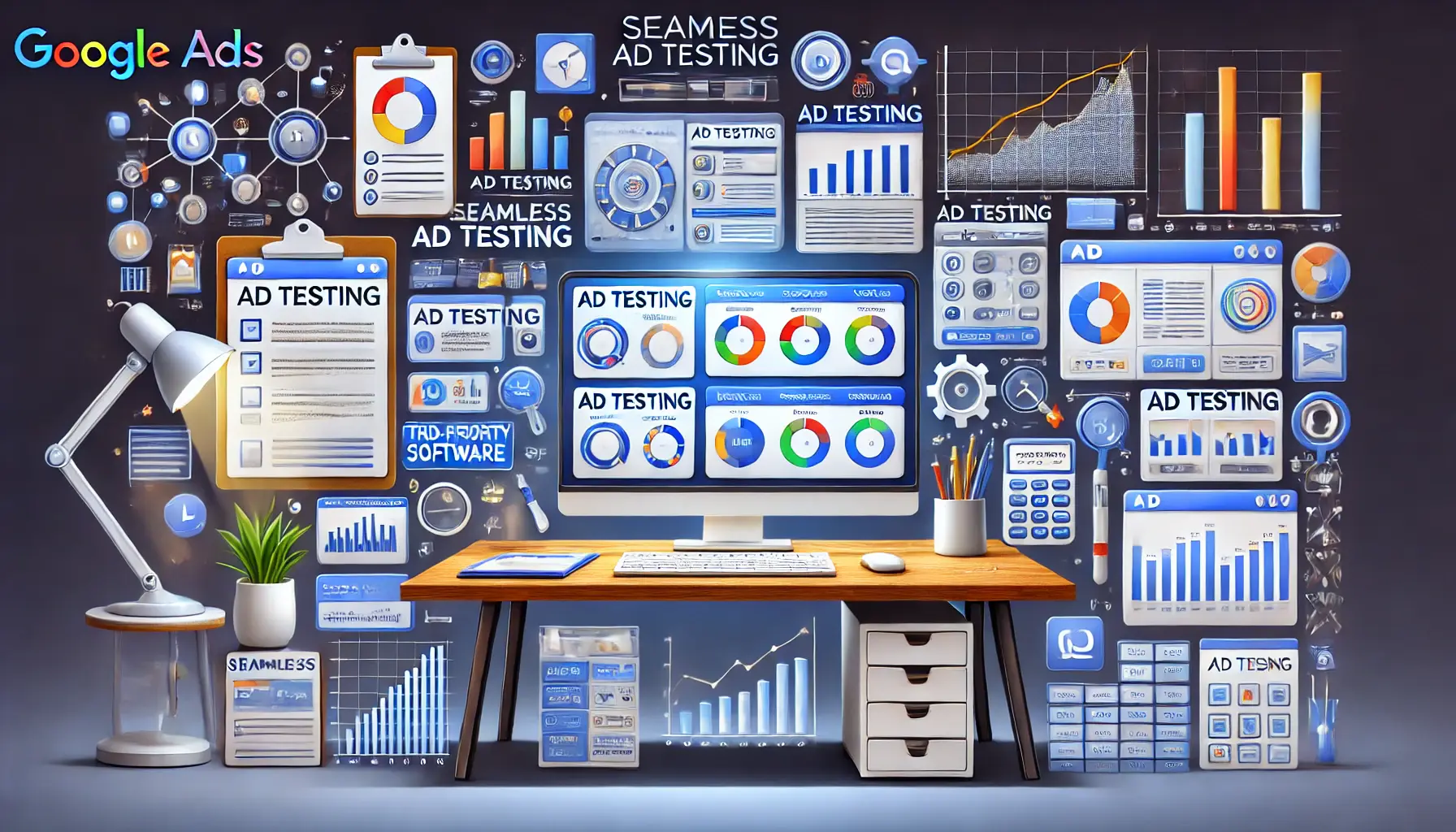 A computer workstation with multiple screens displaying ad testing tools, analytics dashboards, and performance metrics.