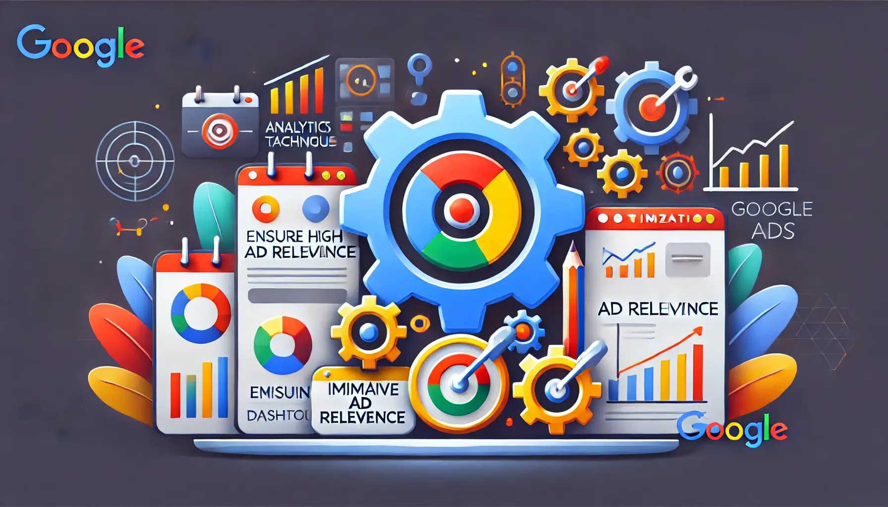 Image illustrating tools and techniques for high ad relevance with icons for analytics, targeting, and optimization gears.