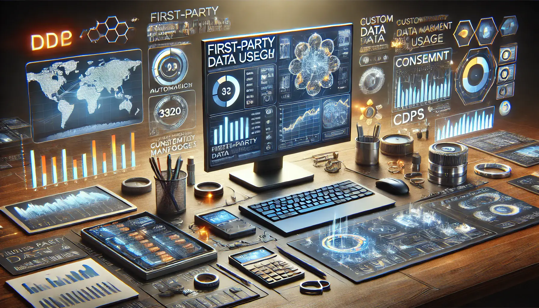 A digital marketing dashboard displaying tools for data management, analytics, and customer insights, focusing on automation and privacy.